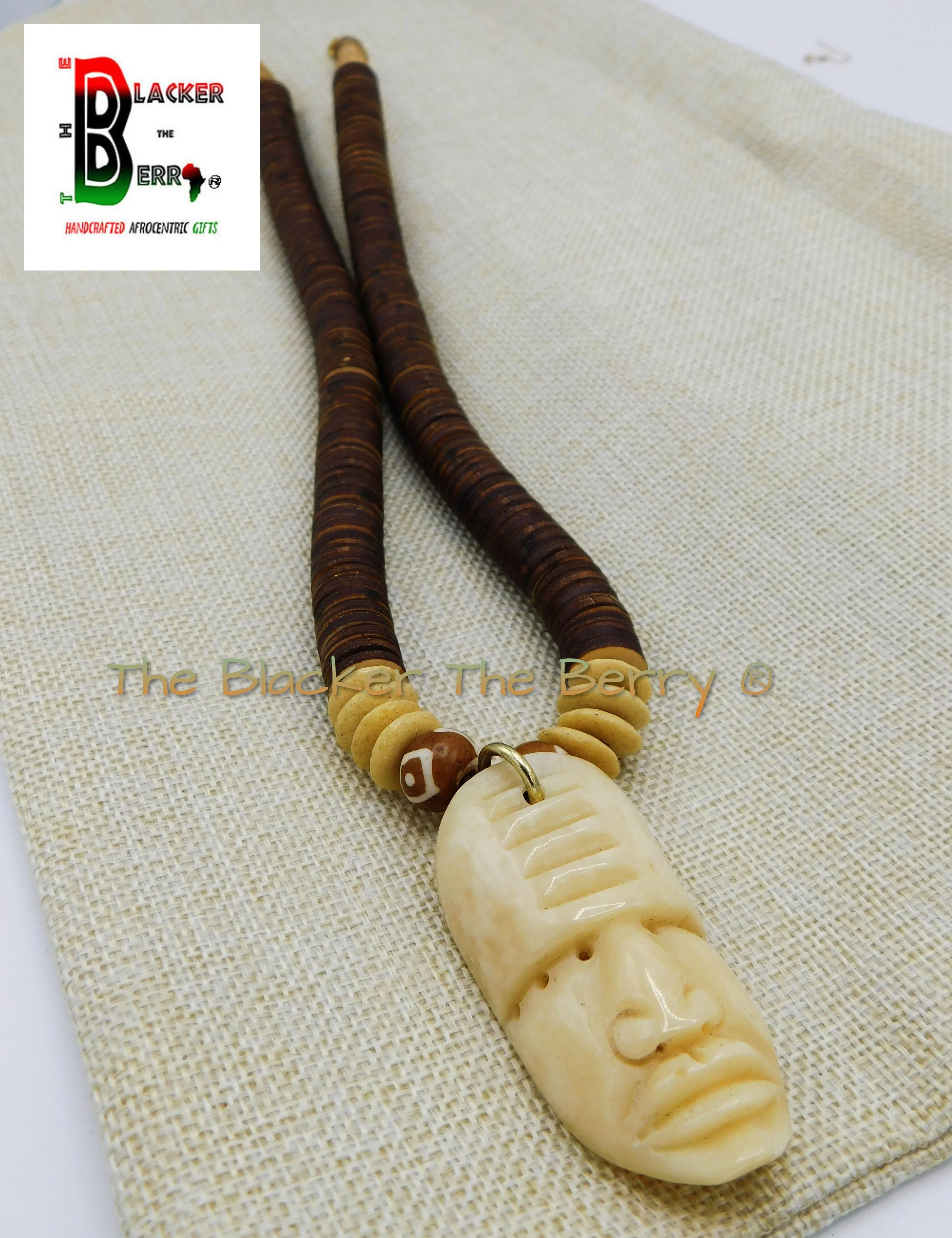 African Mask Necklace Jewelry Beaded Wooden Ethnic Afrocentric Handmade Black Owned