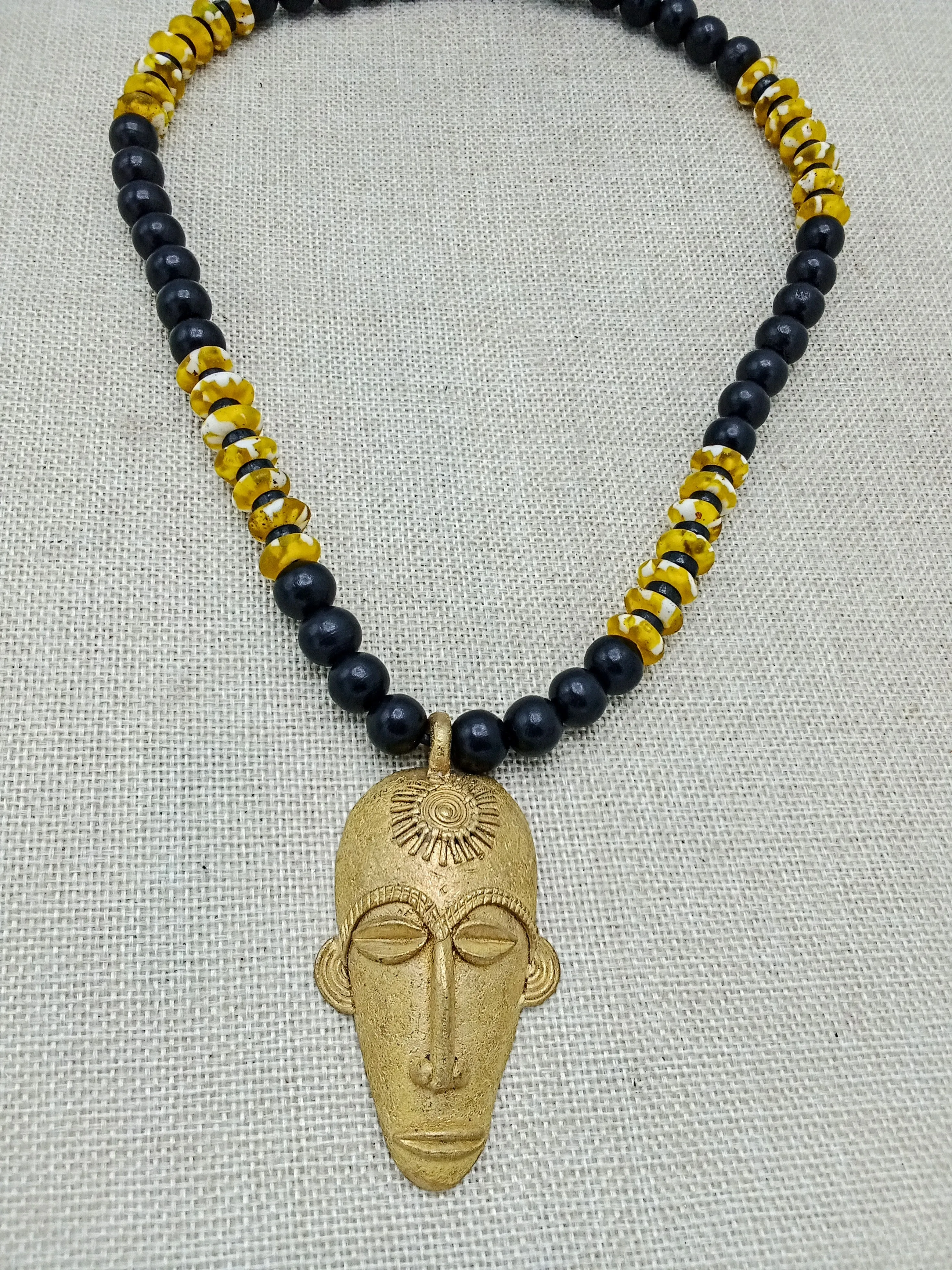 African Mask Pendant Black Yellow Beaded Jewelry Handmade Gift for Him Bronze