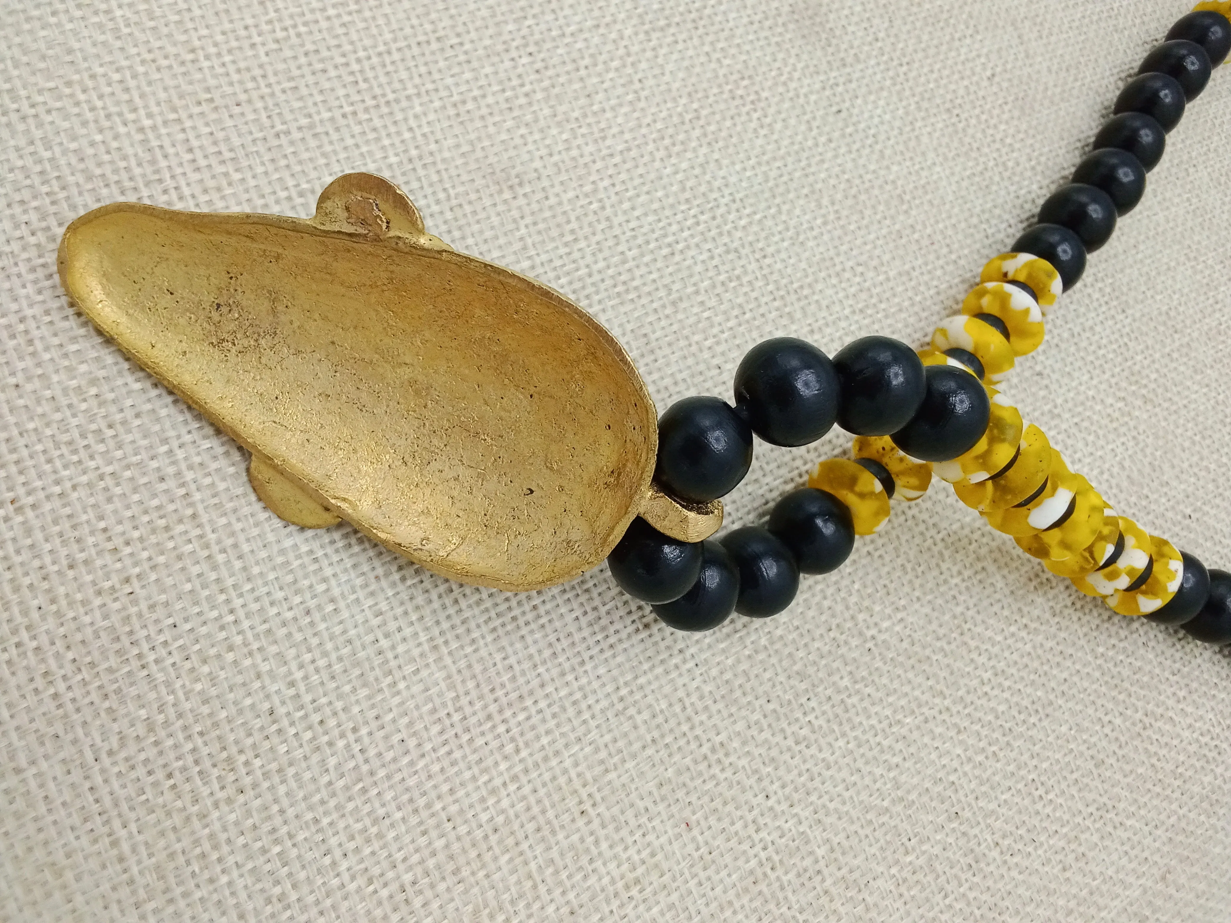 African Mask Pendant Black Yellow Beaded Jewelry Handmade Gift for Him Bronze