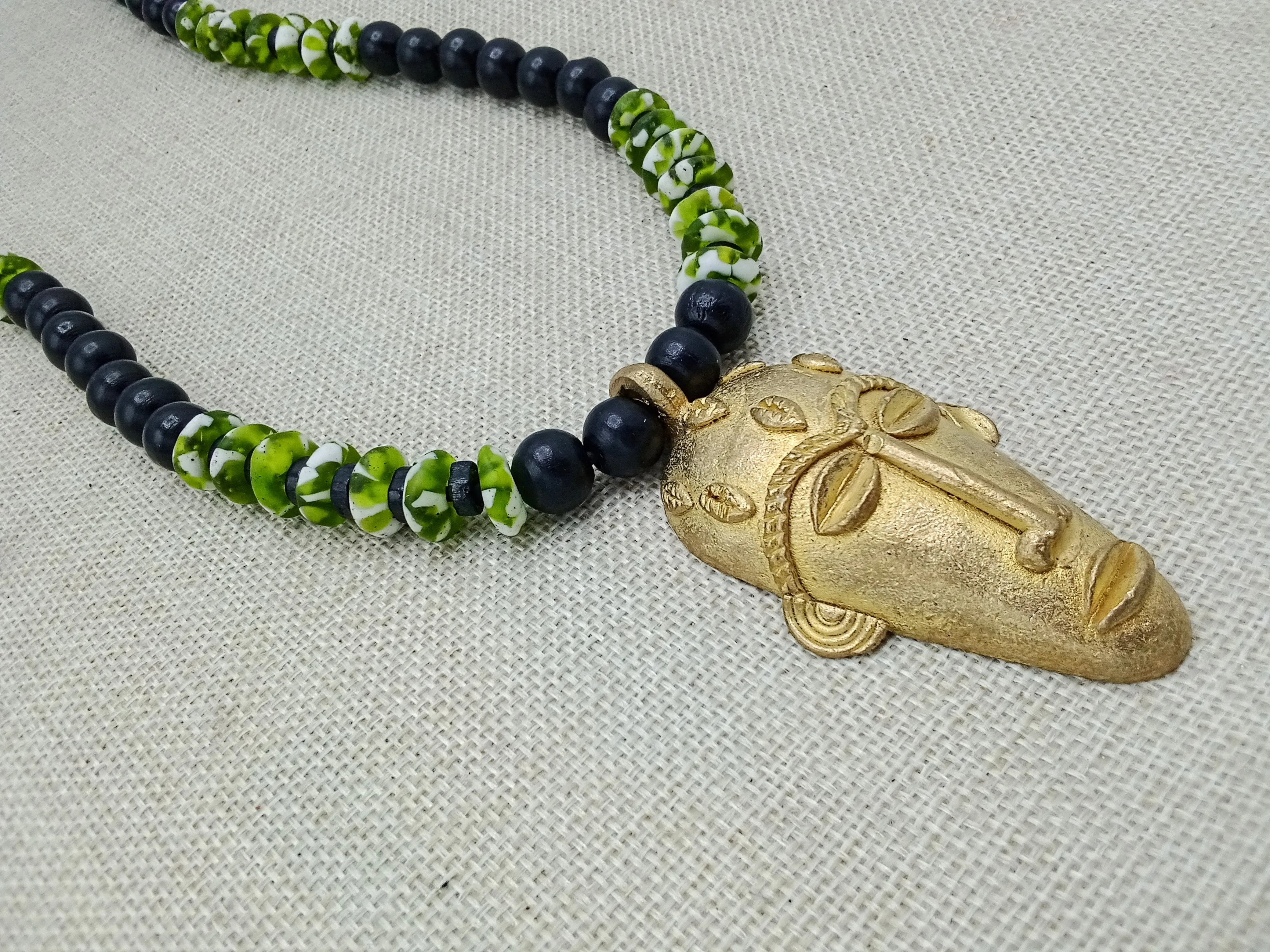 African Mask Pendant Green Black Necklace Handmade Beaded Jewelry Gift for Him