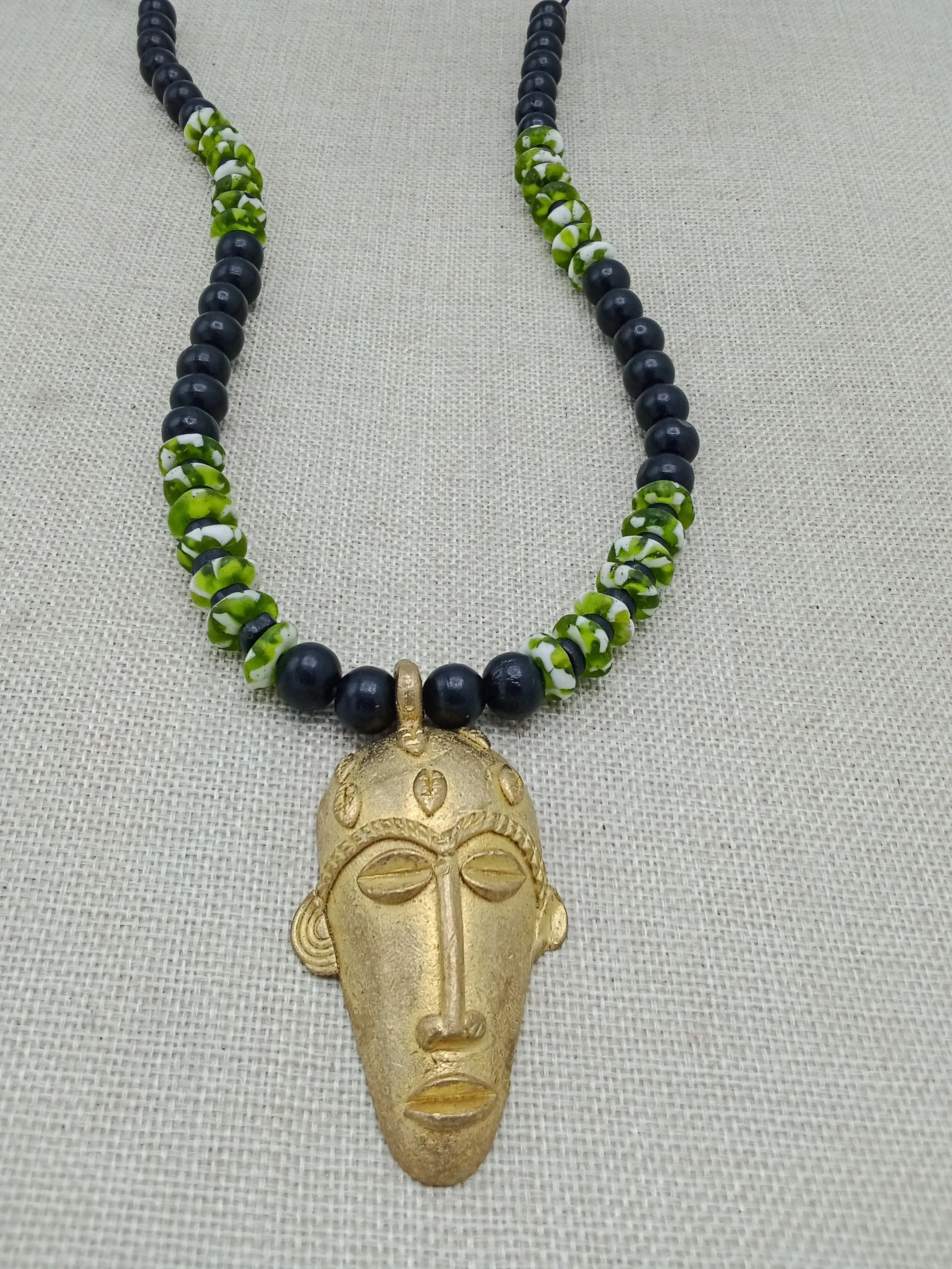 African Mask Pendant Green Black Necklace Handmade Beaded Jewelry Gift for Him