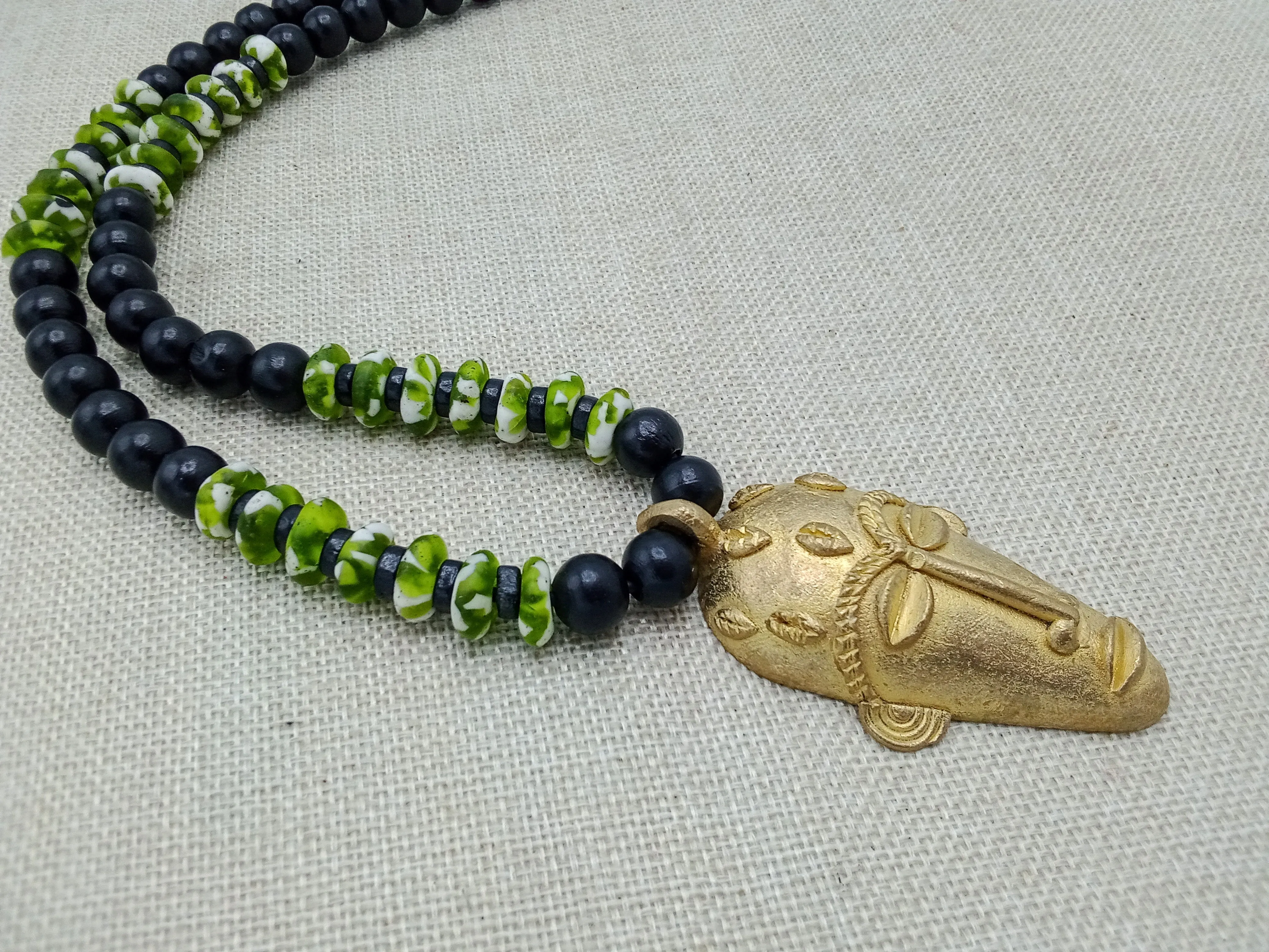 African Mask Pendant Green Black Necklace Handmade Beaded Jewelry Gift for Him