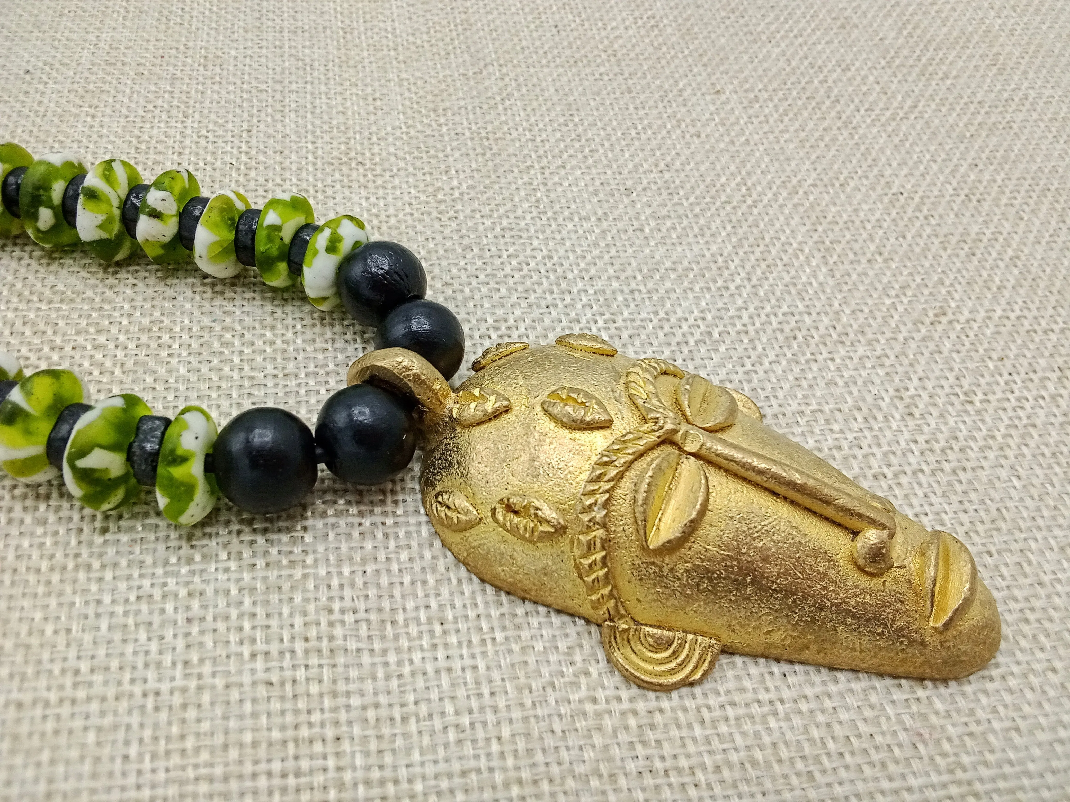 African Mask Pendant Green Black Necklace Handmade Beaded Jewelry Gift for Him