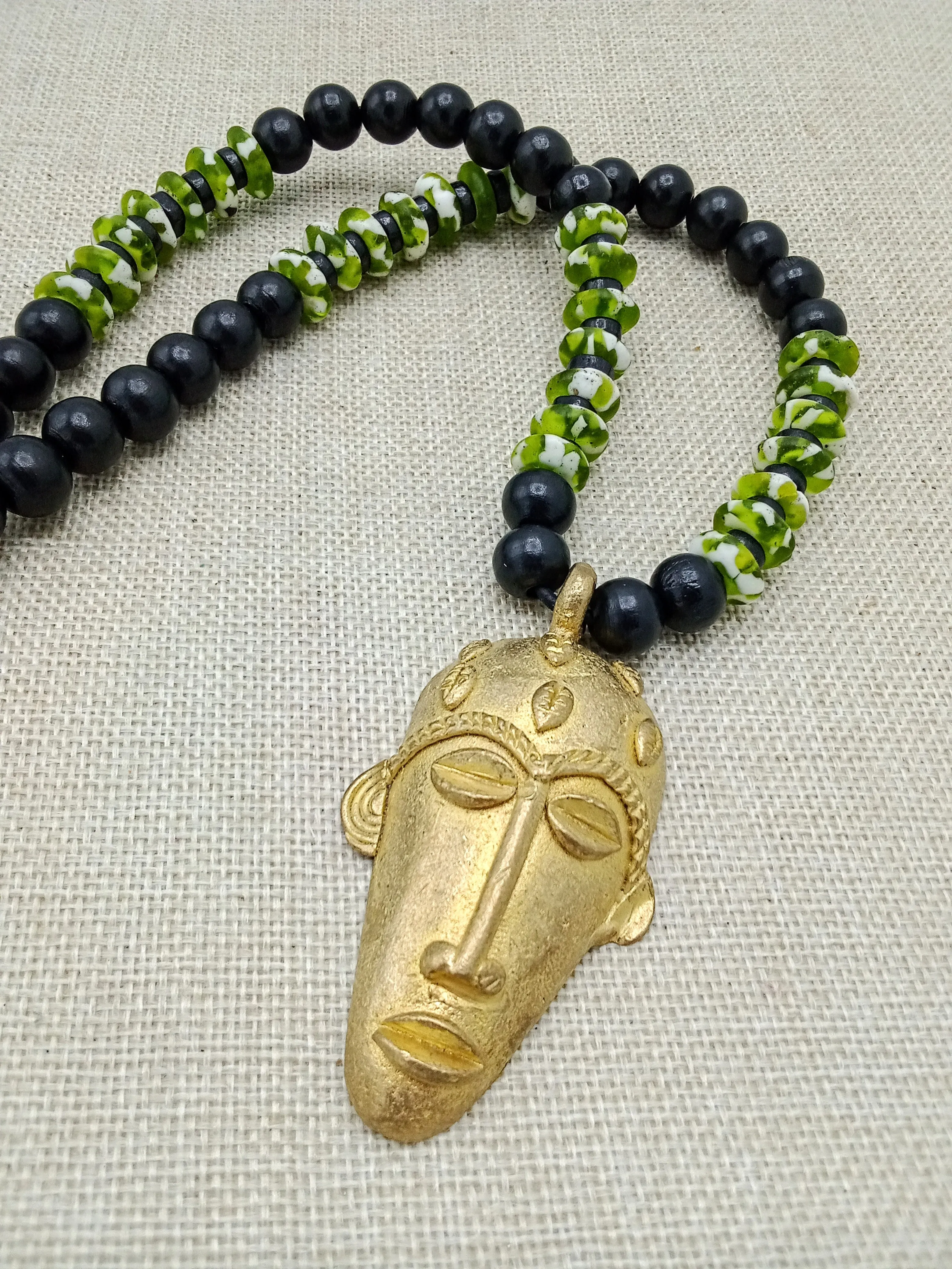 African Mask Pendant Green Black Necklace Handmade Beaded Jewelry Gift for Him