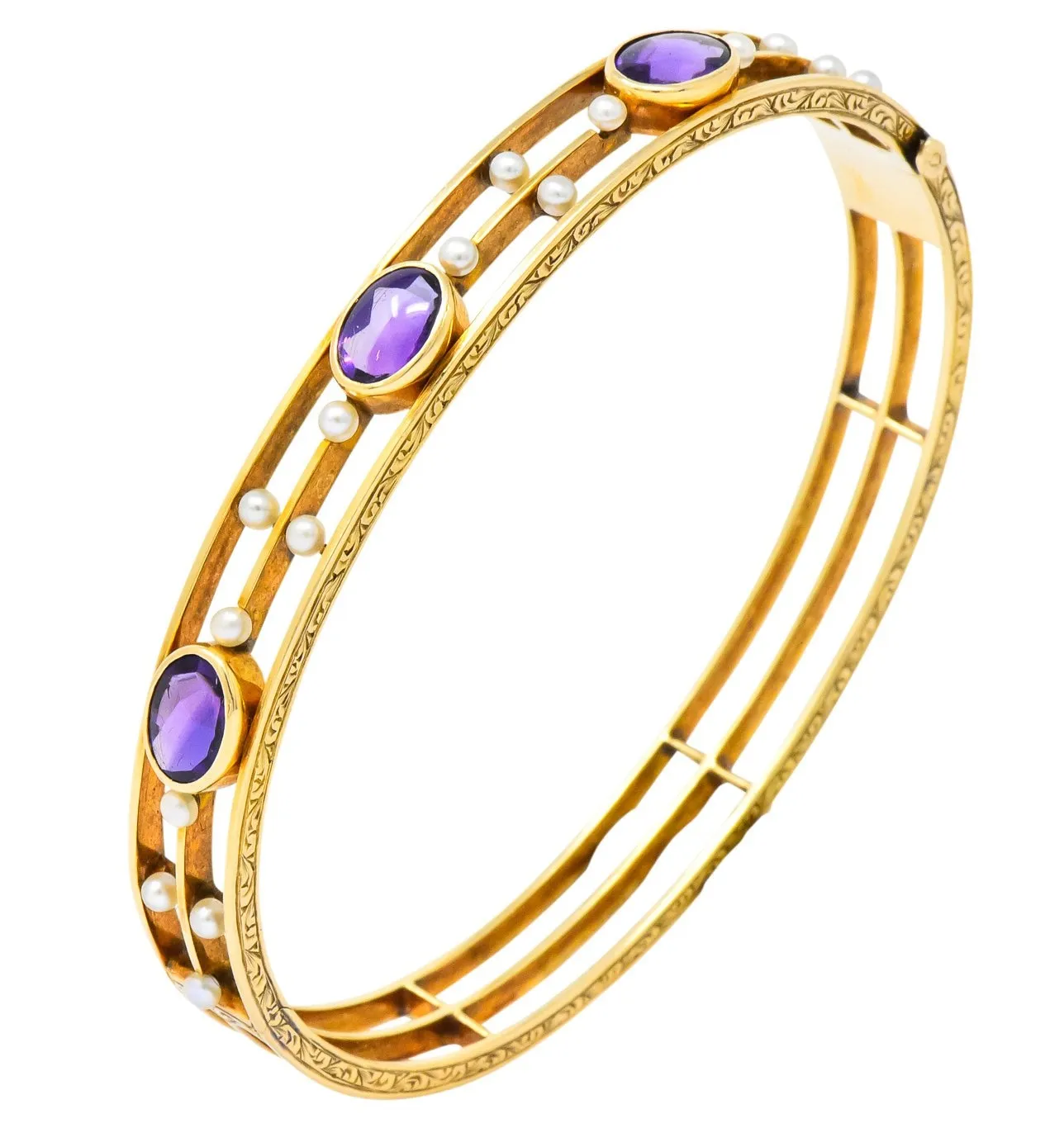 Art Nouveau Amethyst Pearl 14 Karat Gold Bangle Bracelet