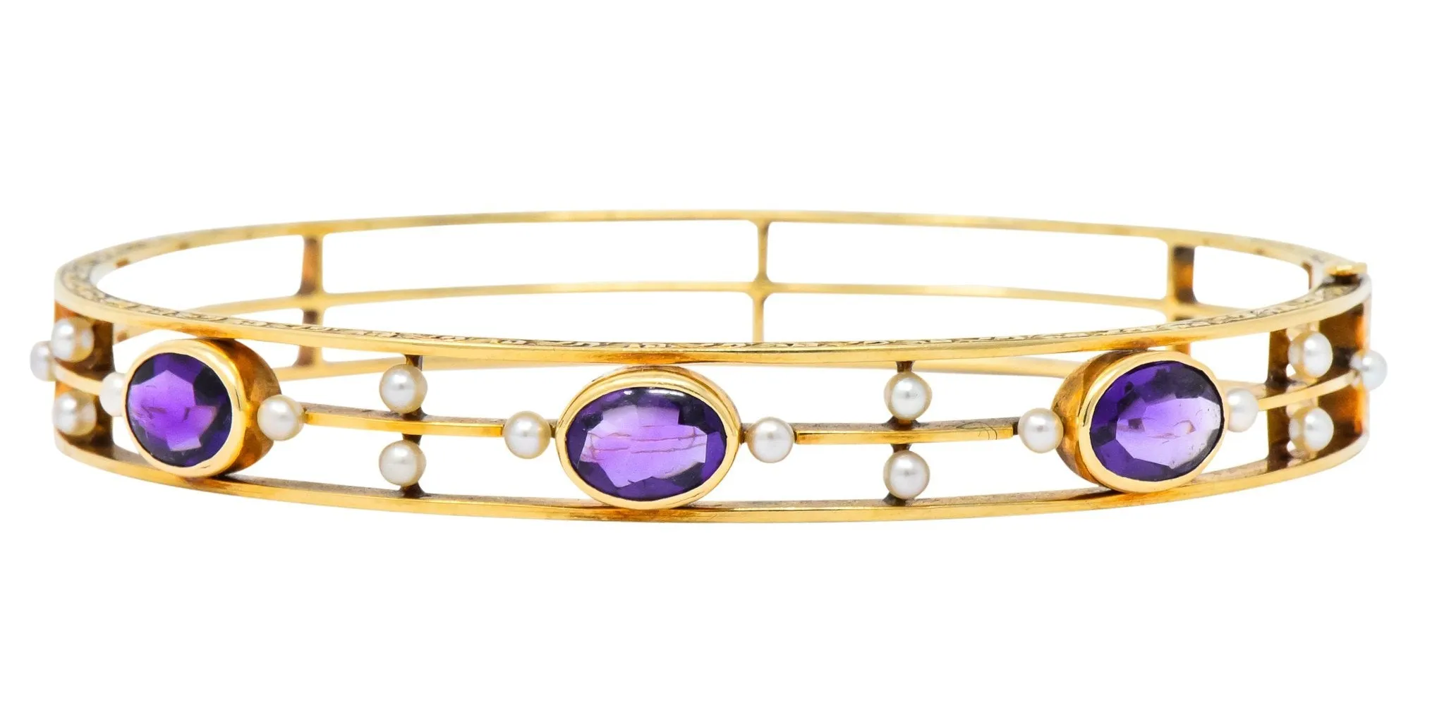 Art Nouveau Amethyst Pearl 14 Karat Gold Bangle Bracelet