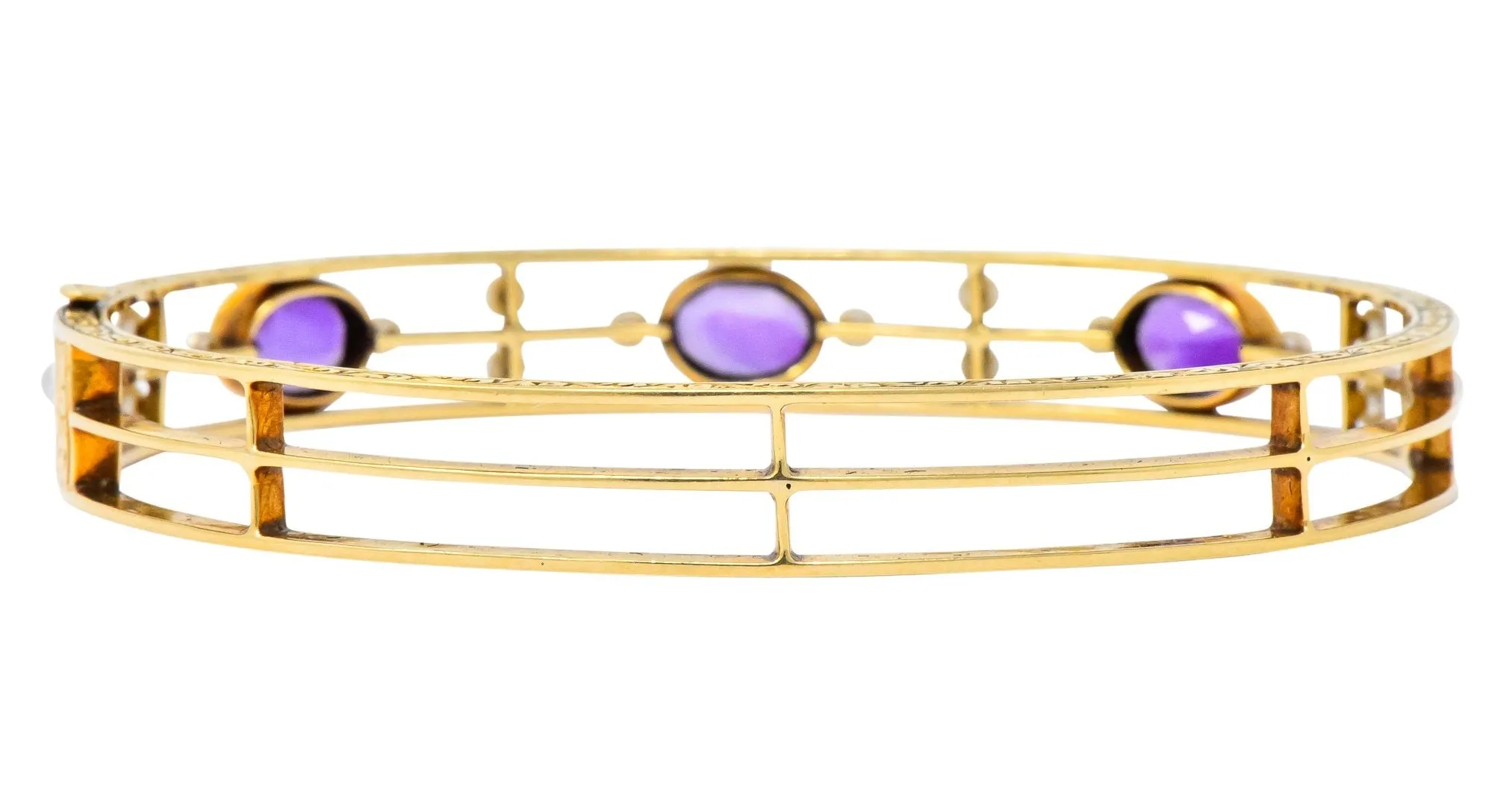 Art Nouveau Amethyst Pearl 14 Karat Gold Bangle Bracelet