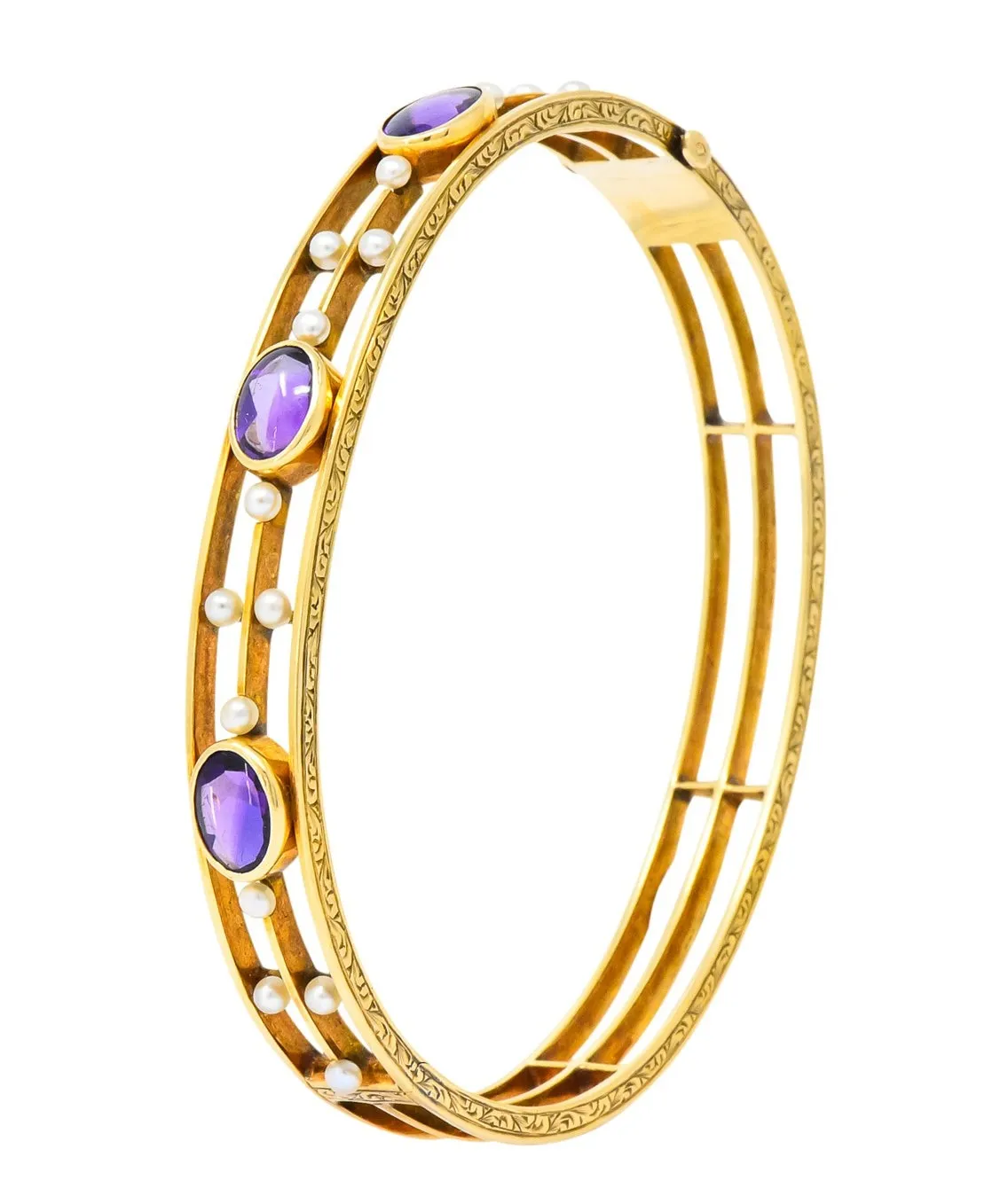 Art Nouveau Amethyst Pearl 14 Karat Gold Bangle Bracelet