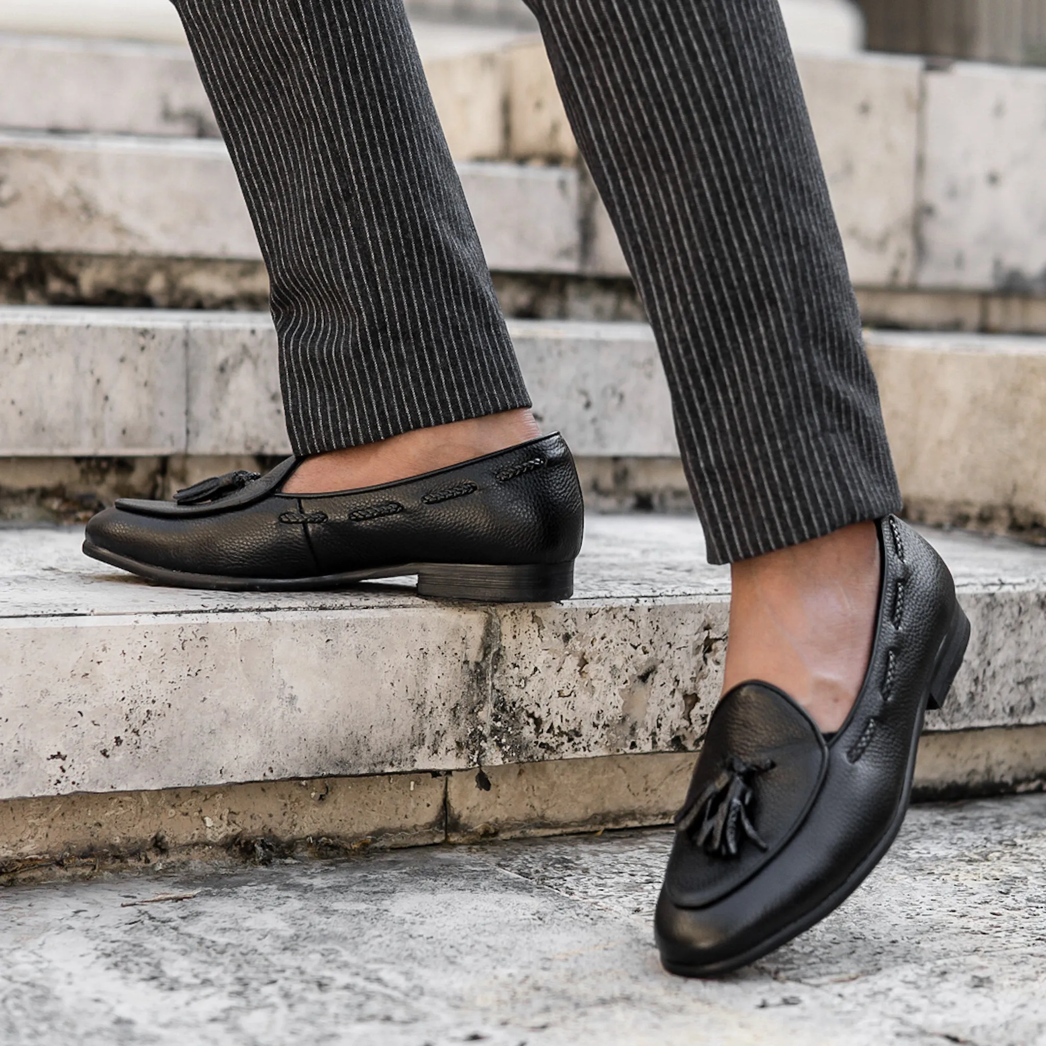 Belgian Loafer With Tassel - Black Pebble Grain Leather