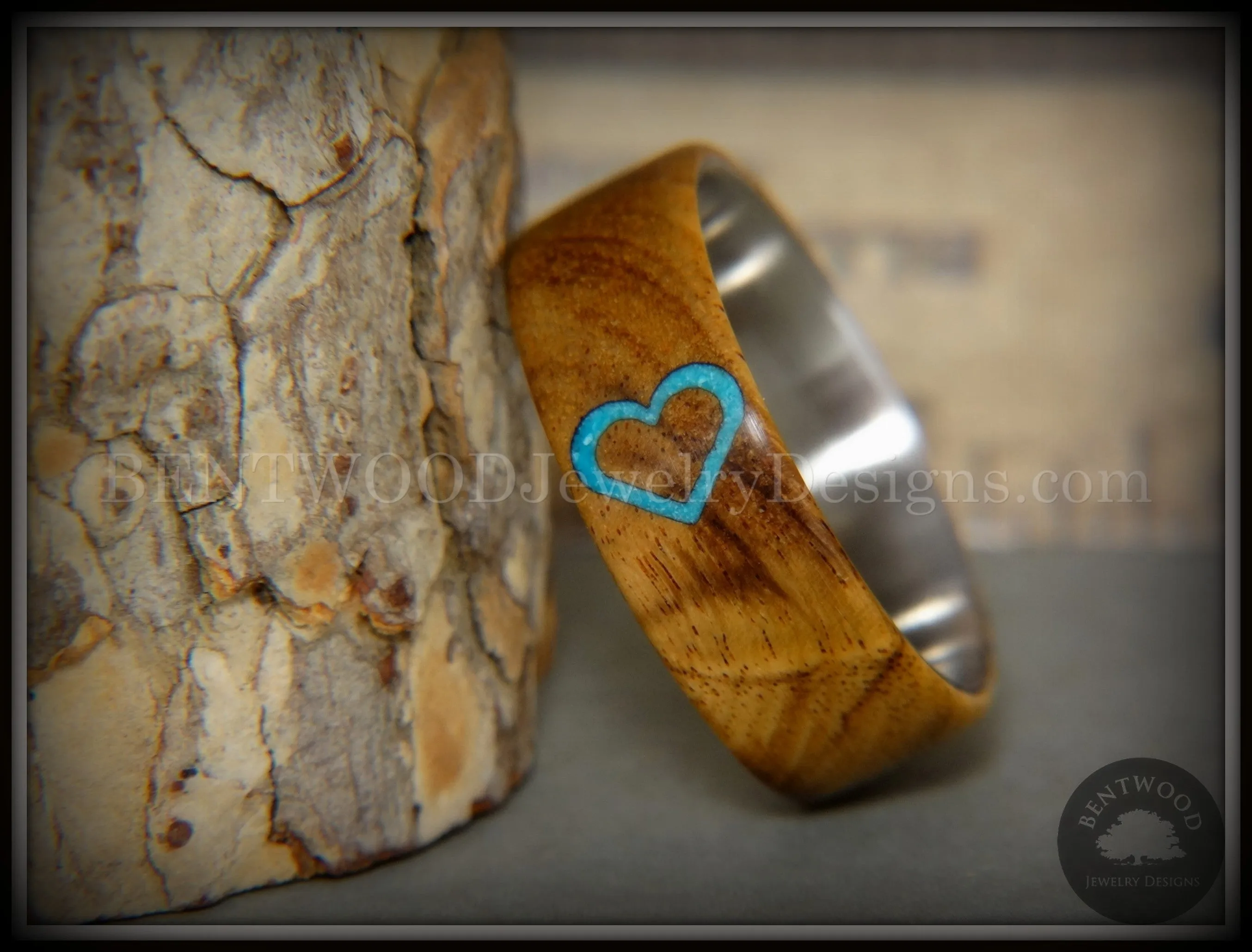 Bentwood Ring - The Heart Light Mahogany Sleeping Beauty Turquoise Inlay