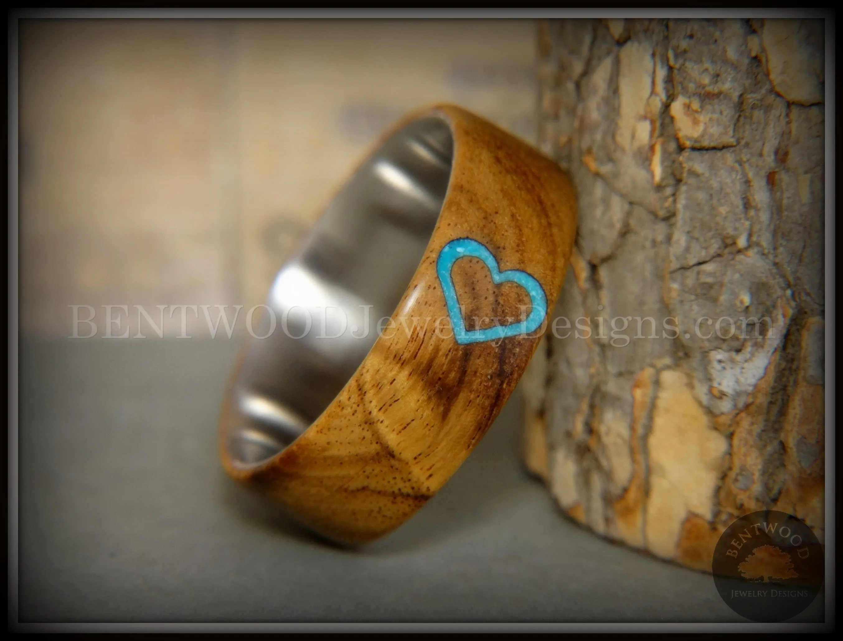 Bentwood Ring - The Heart Light Mahogany Sleeping Beauty Turquoise Inlay