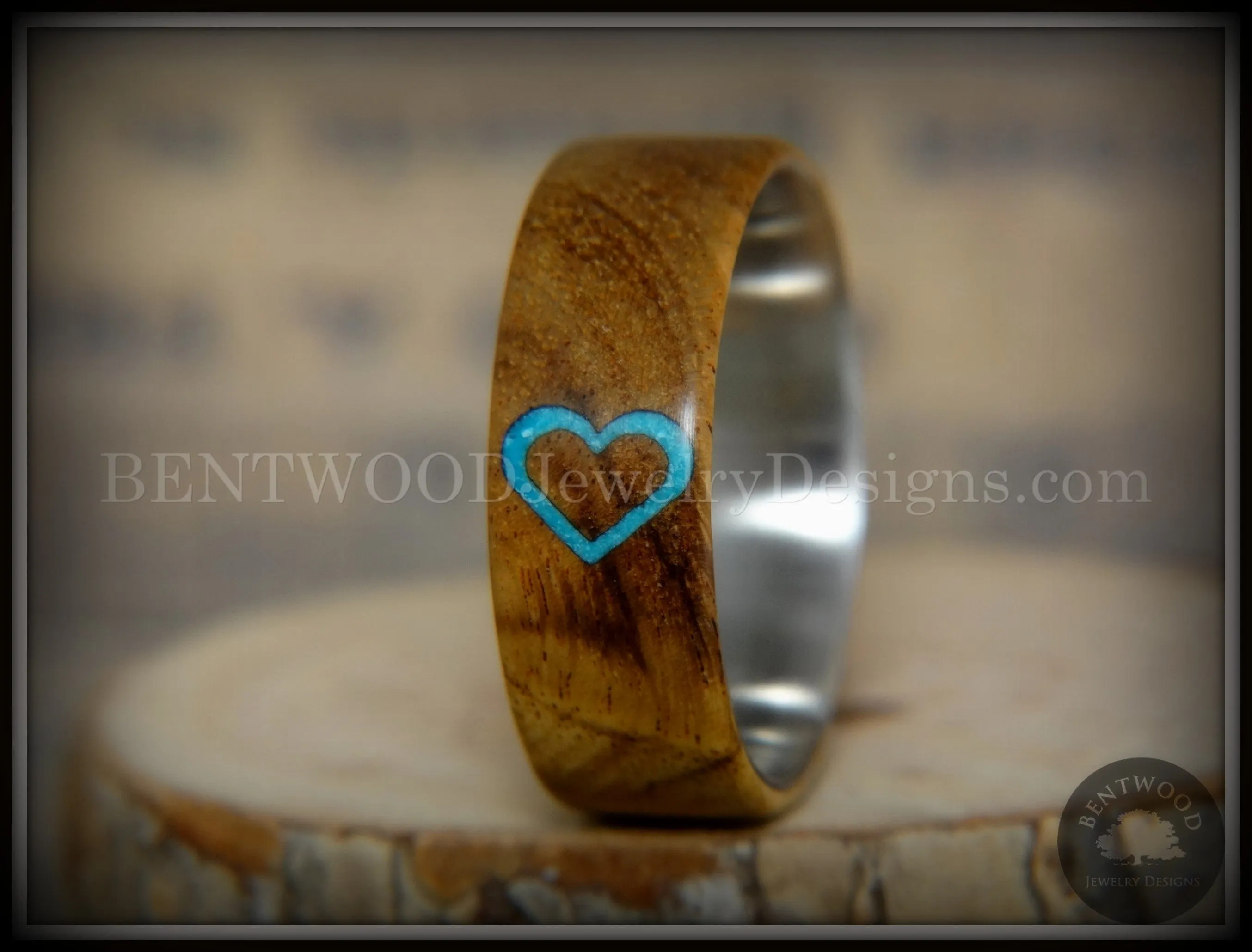 Bentwood Ring - The Heart Light Mahogany Sleeping Beauty Turquoise Inlay