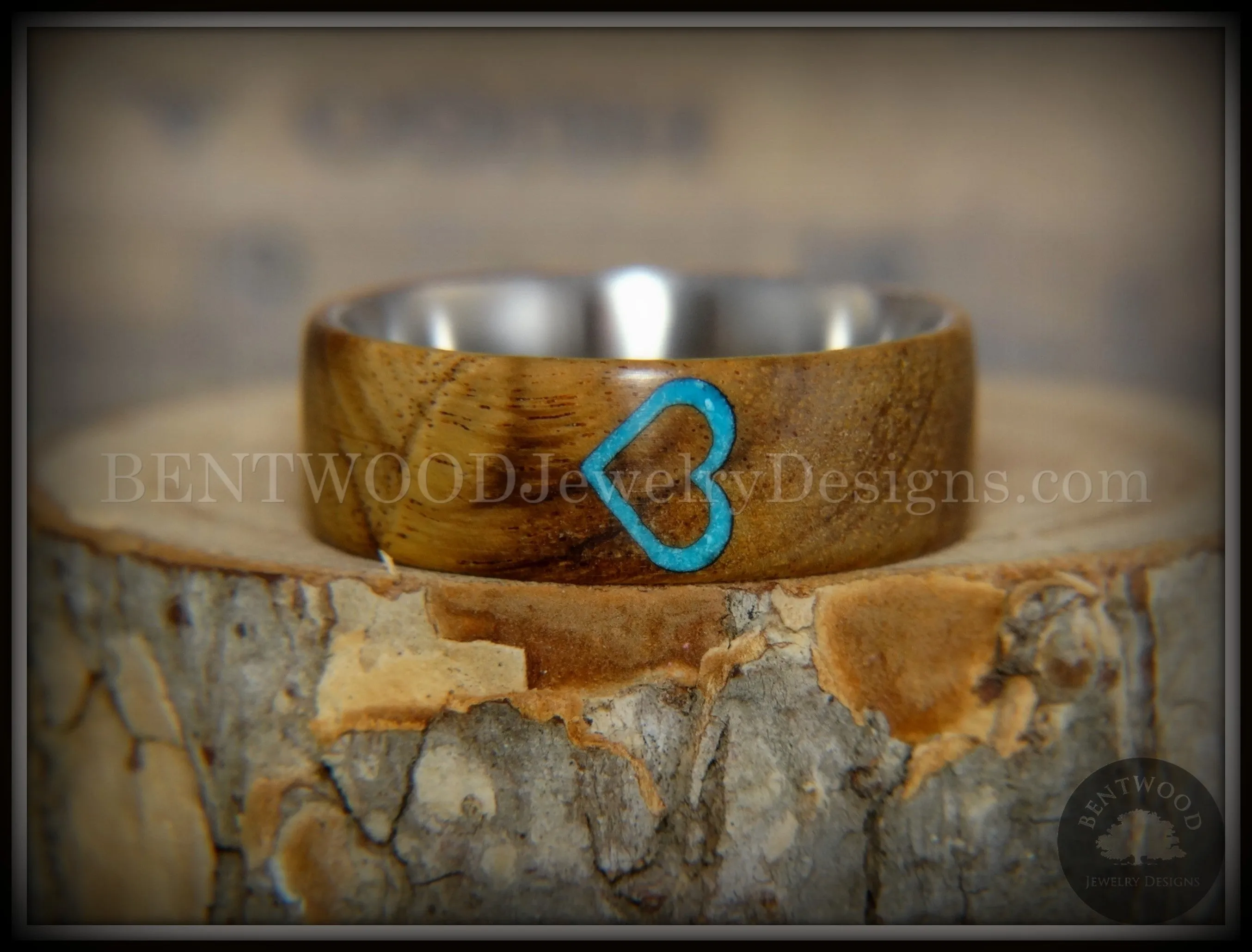 Bentwood Ring - The Heart Light Mahogany Sleeping Beauty Turquoise Inlay