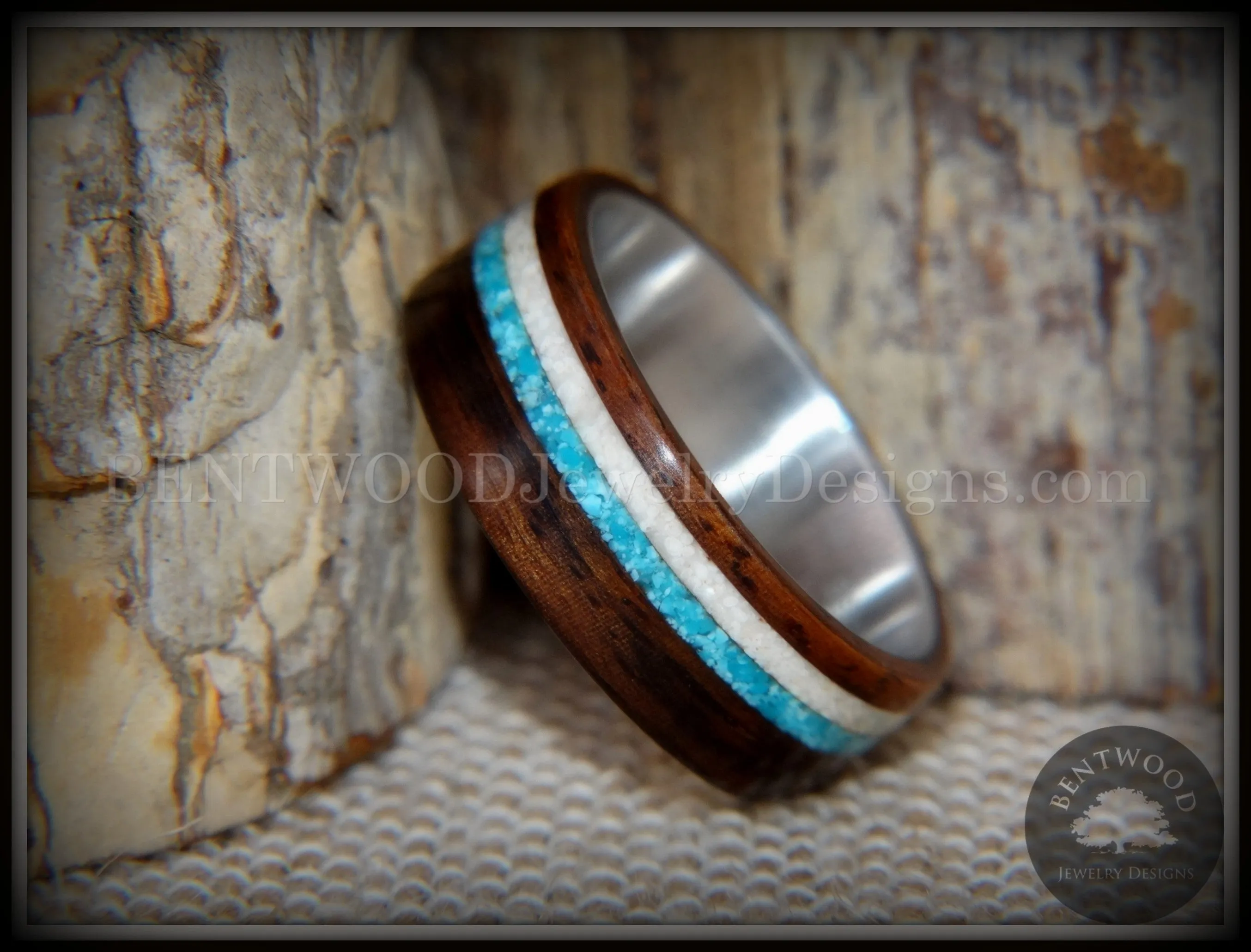 Bentwood Rings Set - Paired Single Rosewood Wood Ring with Sleeping Beauty Turquoise and Beach Sand Inlay