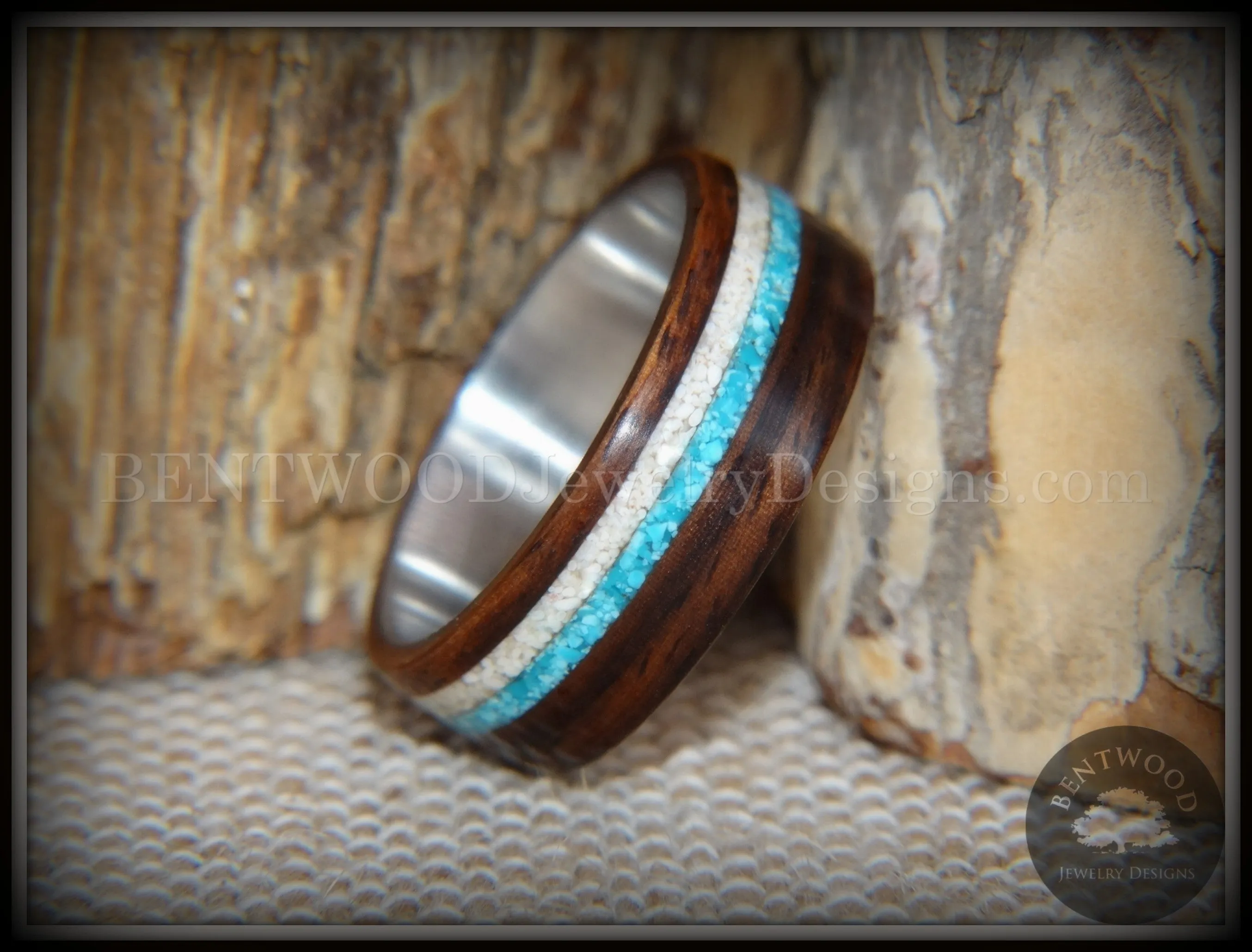 Bentwood Rings Set - Paired Single Rosewood Wood Ring with Sleeping Beauty Turquoise and Beach Sand Inlay