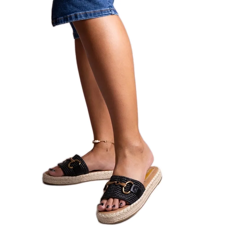 Black espadrille flip-flops with gold buckle Feorie