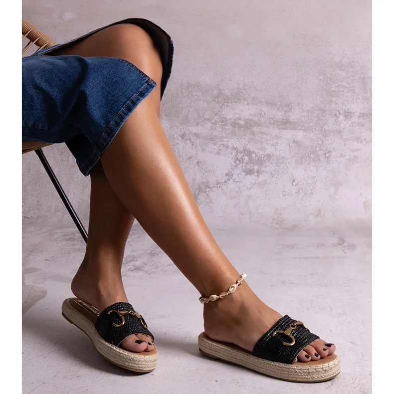 Black espadrille flip-flops with gold buckle Feorie