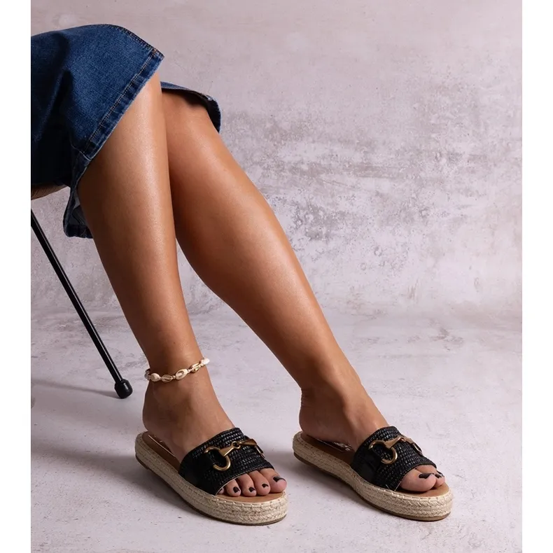 Black espadrille flip-flops with gold buckle Feorie