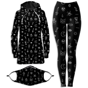 Black Pattern Hoodie Dress and Leggings with PM 2.5 Face Mask Combo