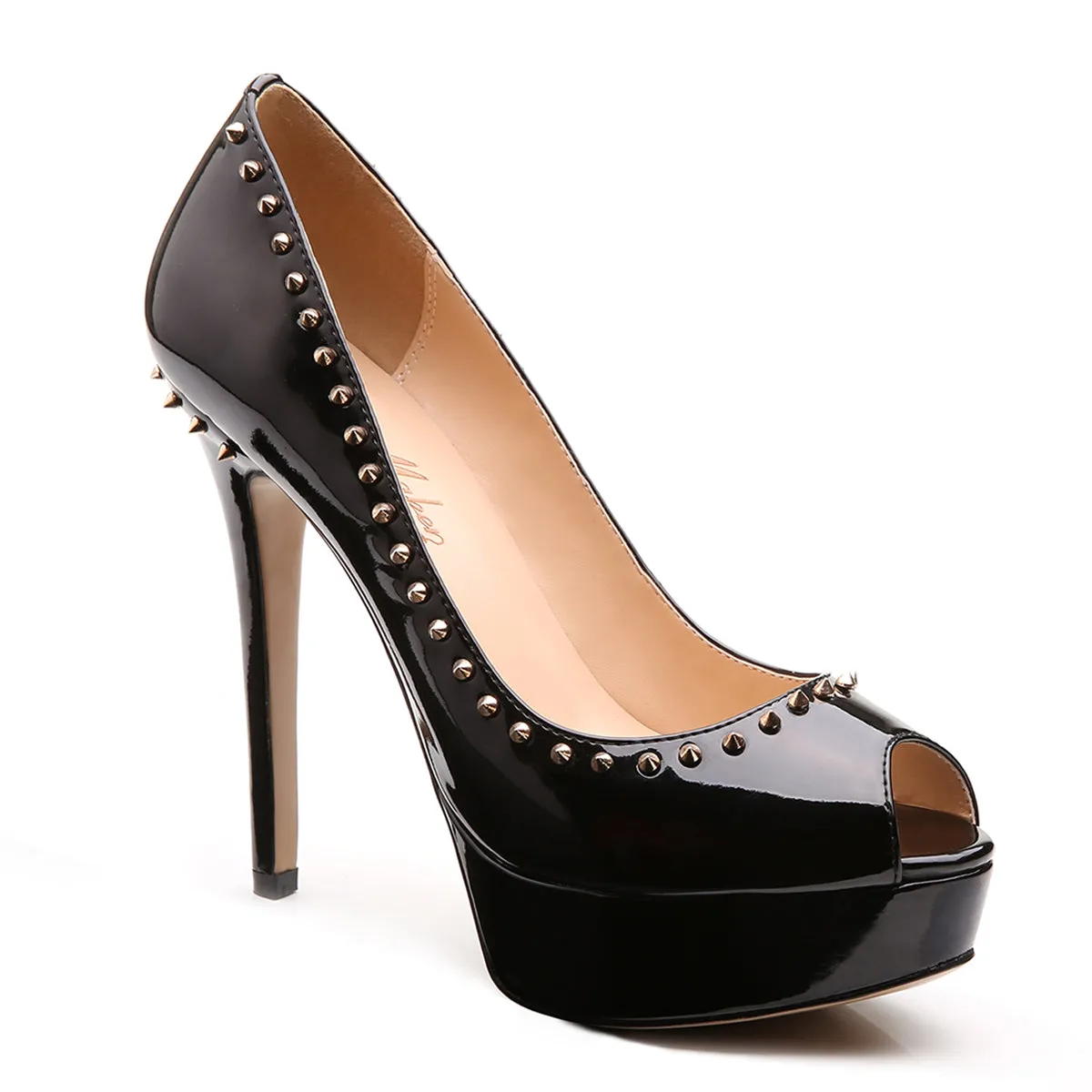 Black Platform Peep Toe Stiletto Pumps With Rivet