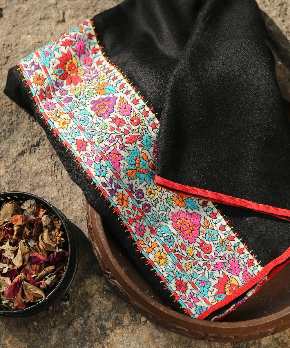 Black Pure Pashmina Scarf With Applique Border In Kalamkari