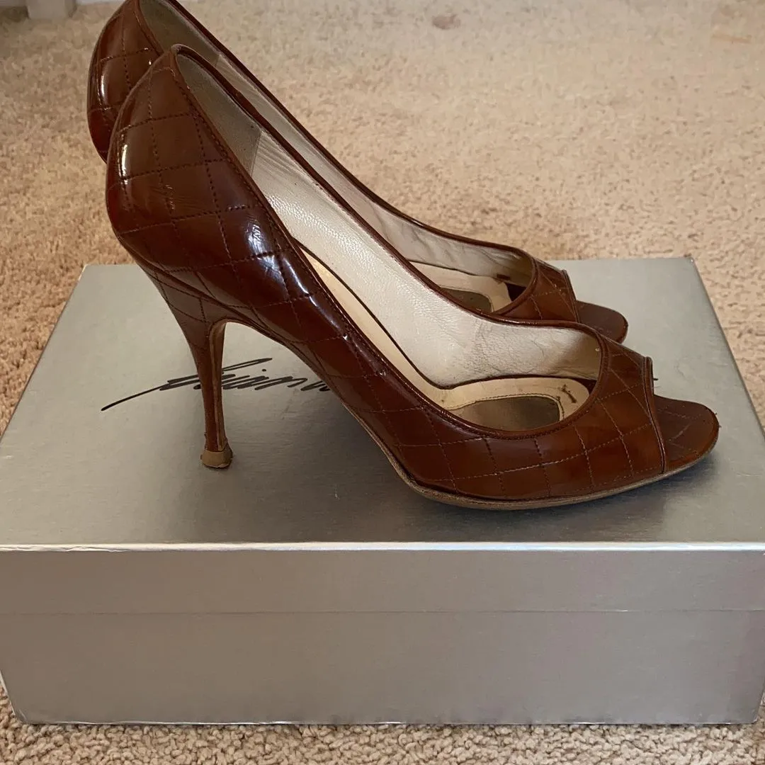 Brian Atwood Tan Patent Leather Peep Toe Pumps Size 37.5