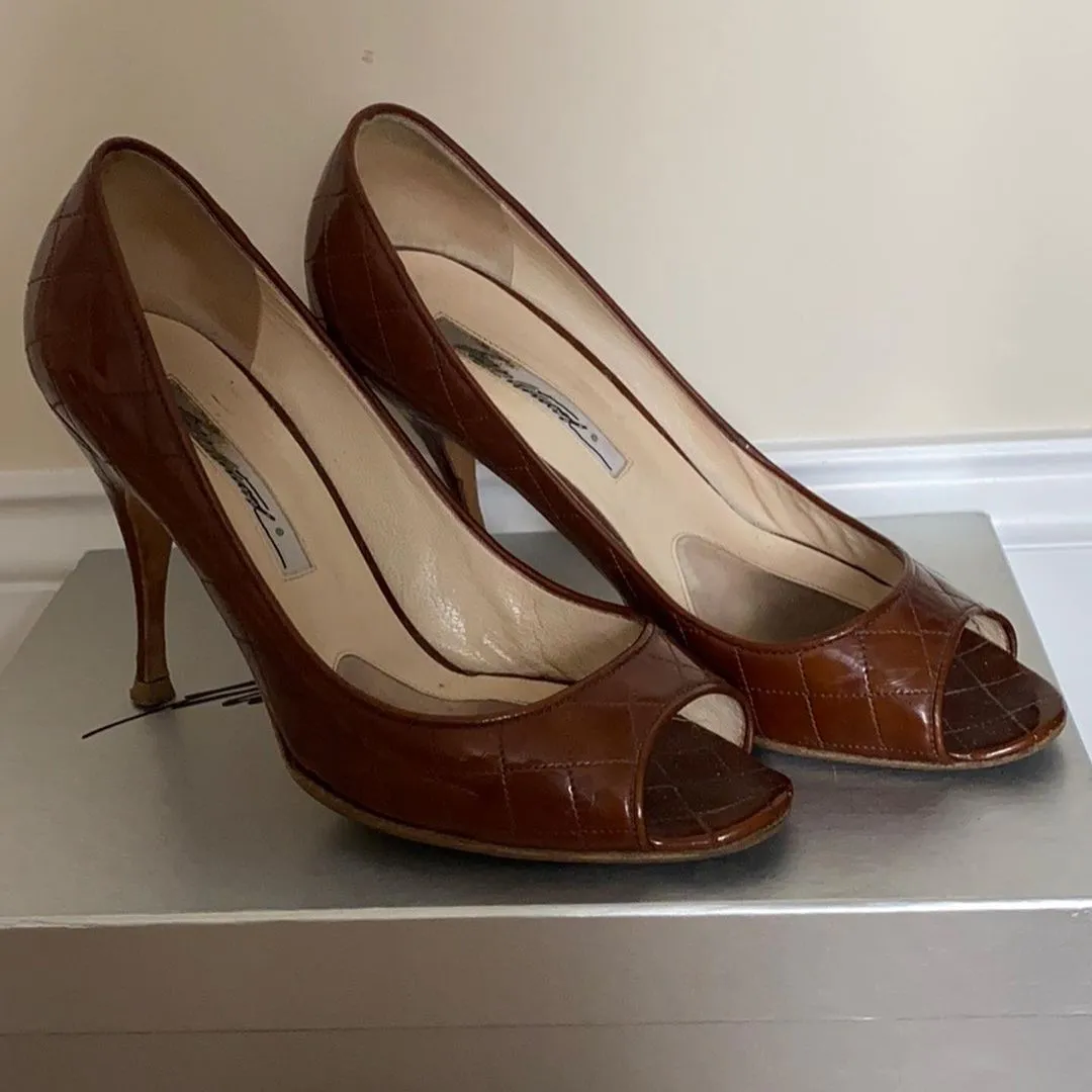 Brian Atwood Tan Patent Leather Peep Toe Pumps Size 37.5