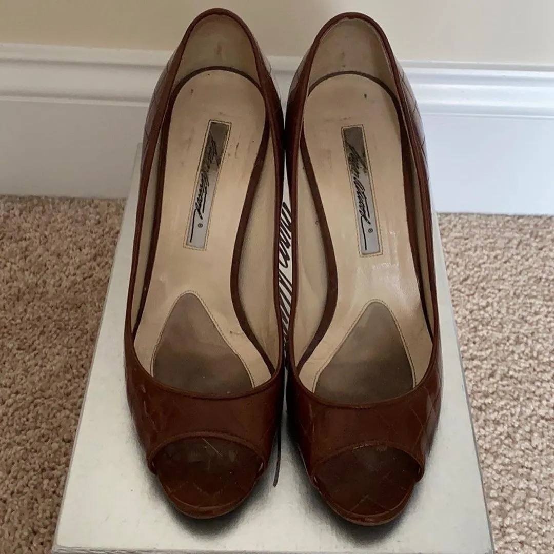 Brian Atwood Tan Patent Leather Peep Toe Pumps Size 37.5