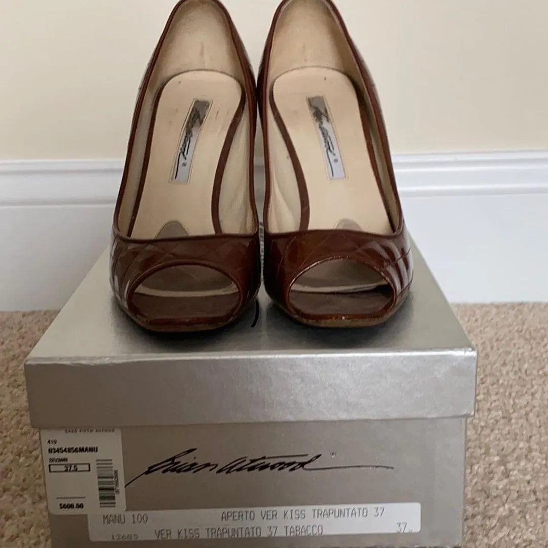 Brian Atwood Tan Patent Leather Peep Toe Pumps Size 37.5