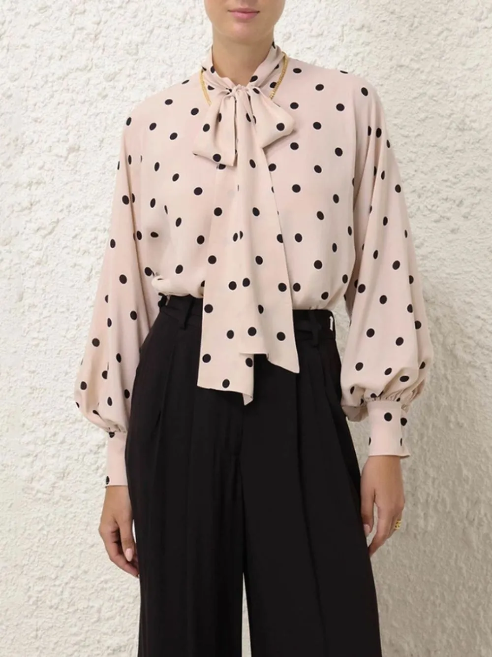 Buff Batwing Blouse with Black Dots