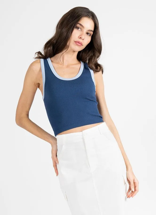 C'est Moi Bamboo Rib Deep Scoop Neck Tank In Denim Light Blue