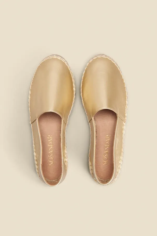 Chiara Gold Flat Closed Toe Leather Espadrille