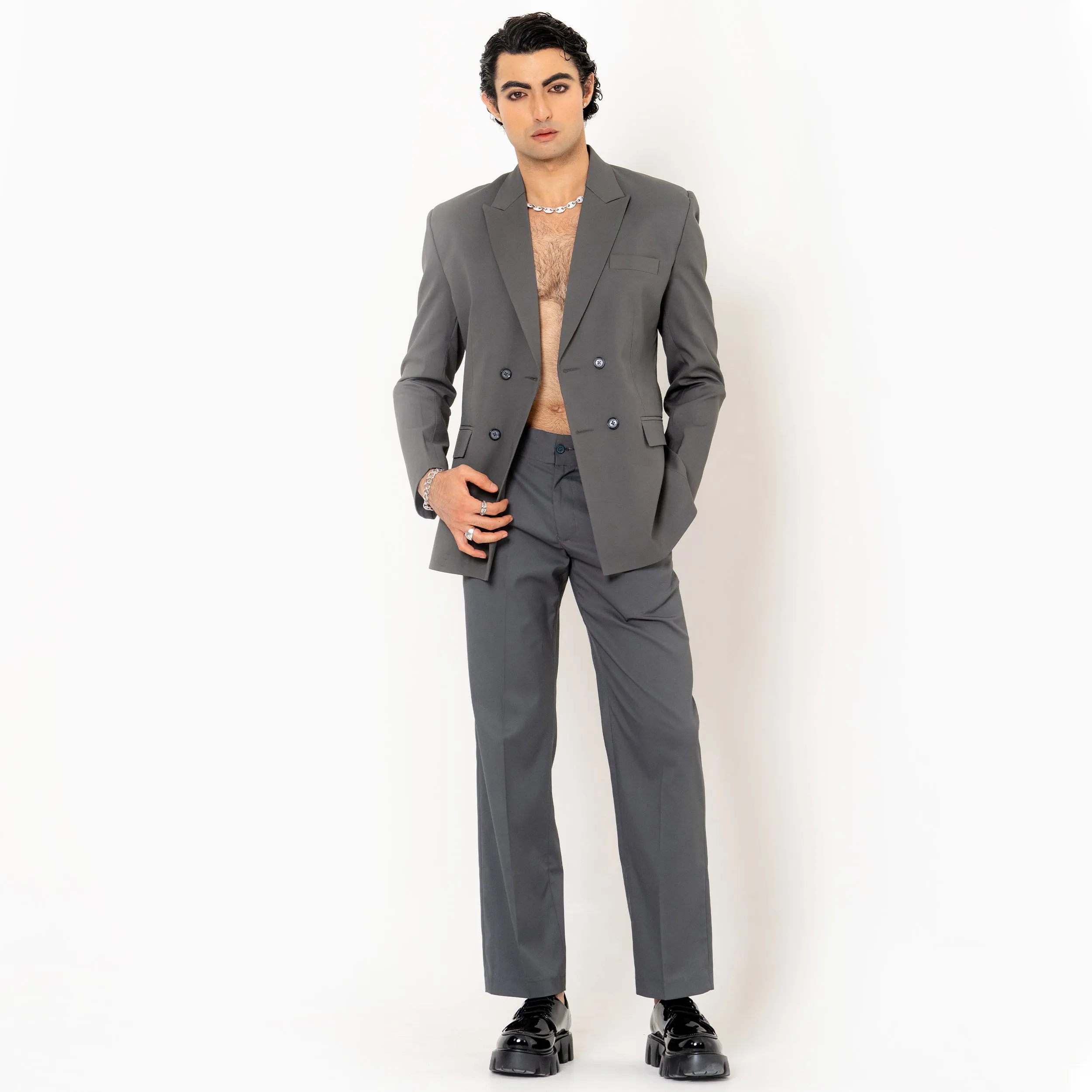 Dark Grey Double Button Loose Fit Men's Suit