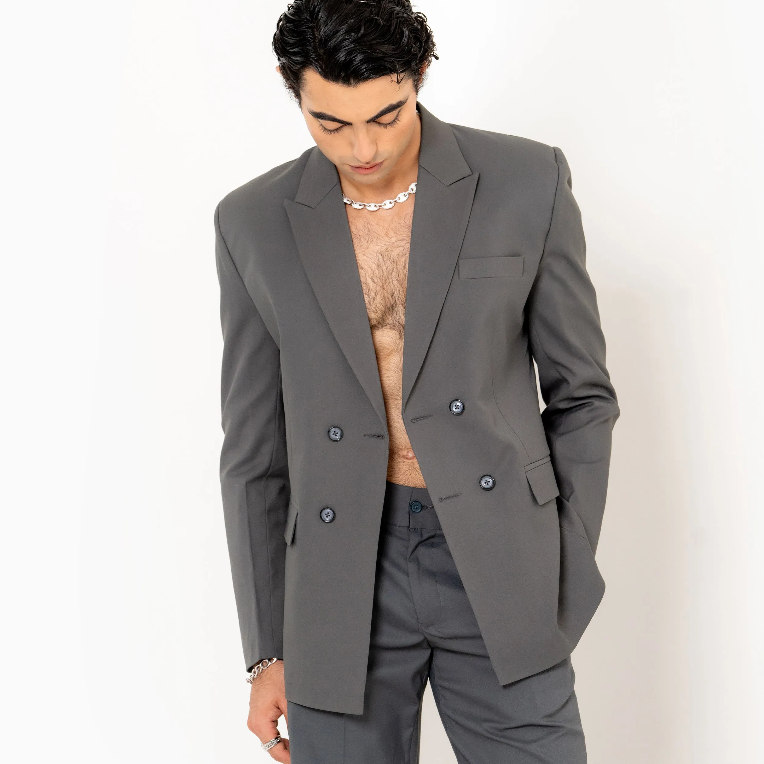 Dark Grey Double Button Loose Fit Men's Suit