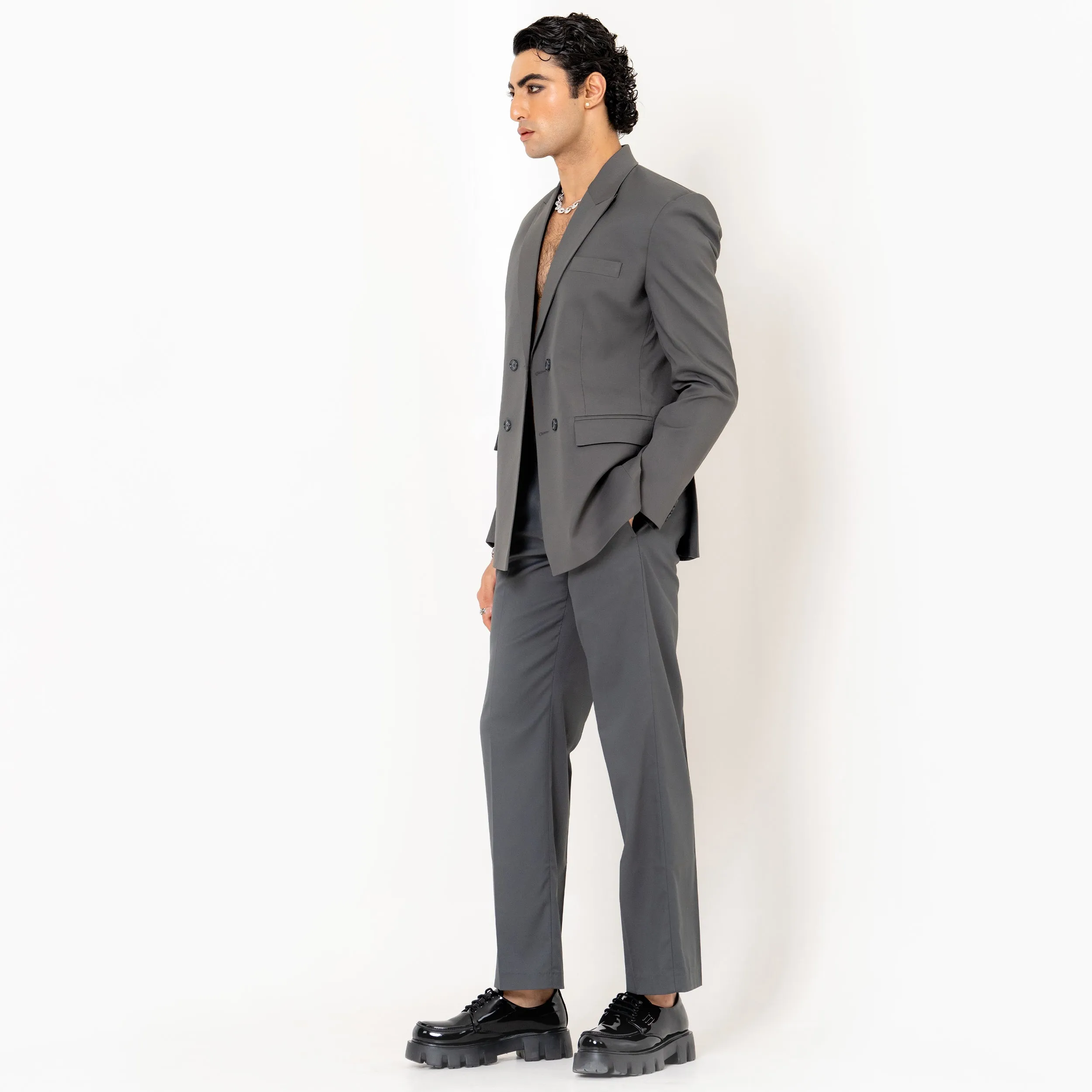 Dark Grey Double Button Loose Fit Men's Suit