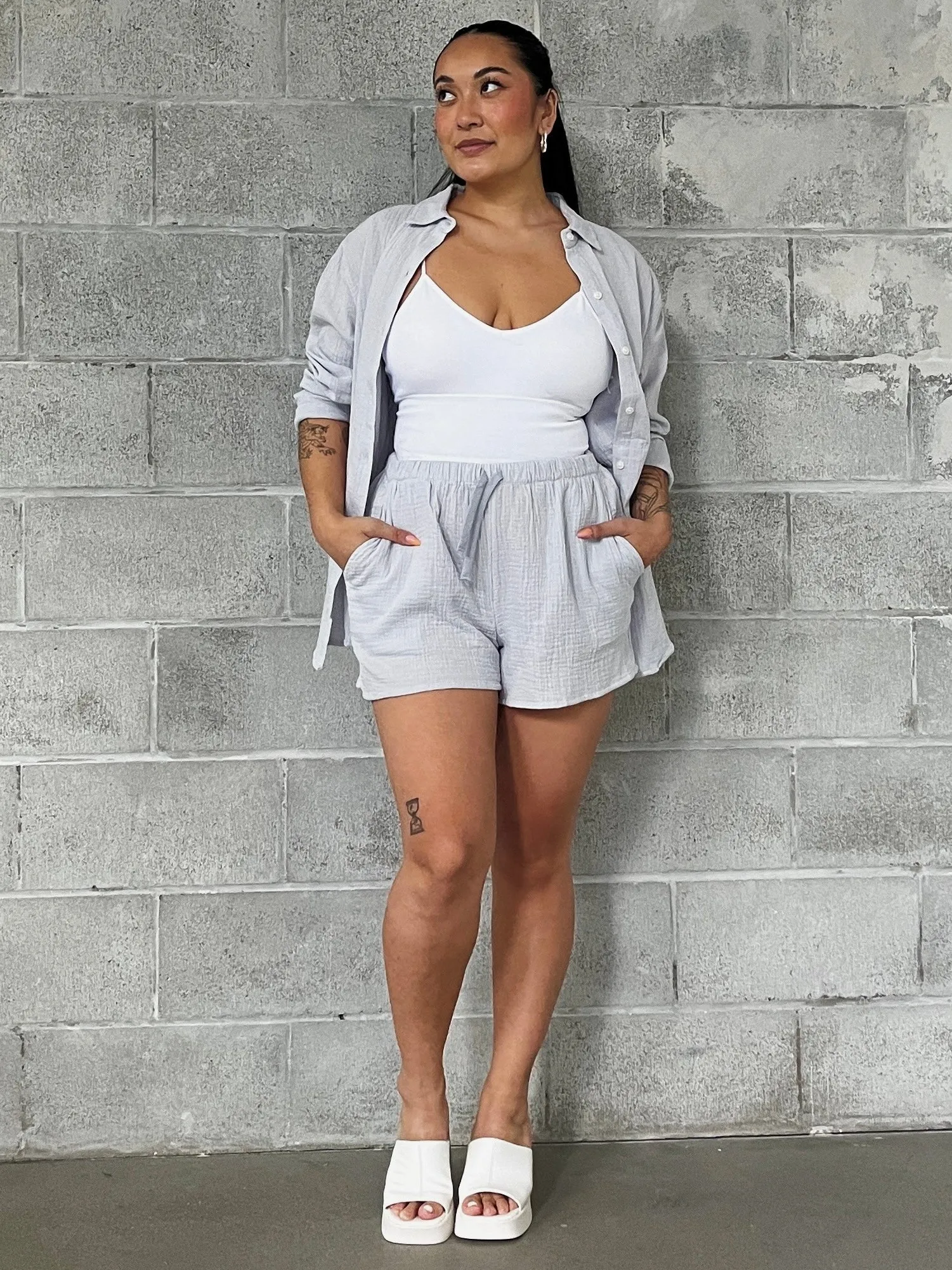 DEX Textured Button Up and Drawstring Short Set