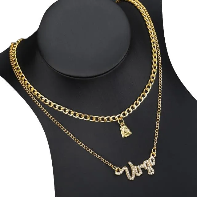 Double Layer Zirconia Zodiac Charm Necklace