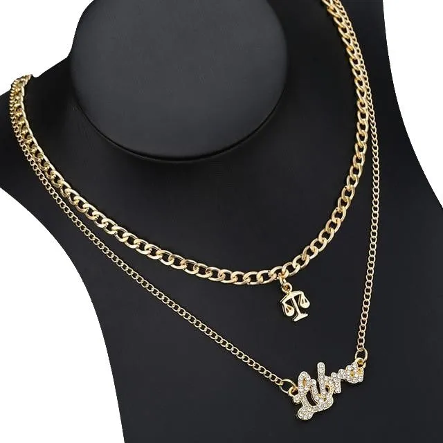 Double Layer Zirconia Zodiac Charm Necklace