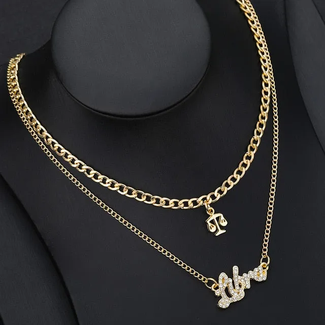 Double Layer Zirconia Zodiac Charm Necklace