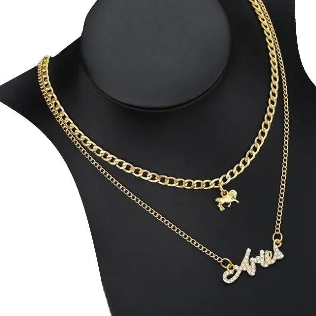 Double Layer Zirconia Zodiac Charm Necklace