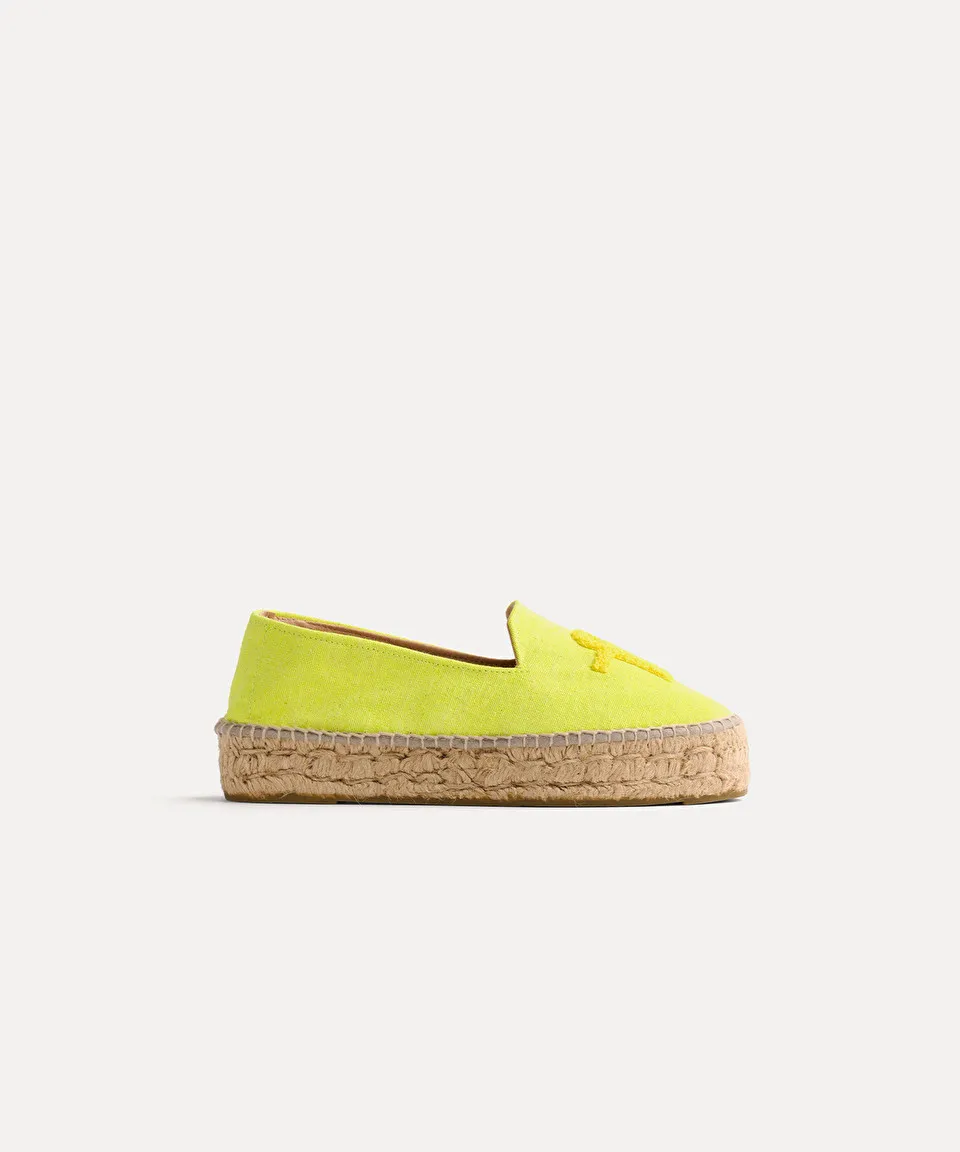 espadrille–style loafer in canvas with logo in punch–needle stitch