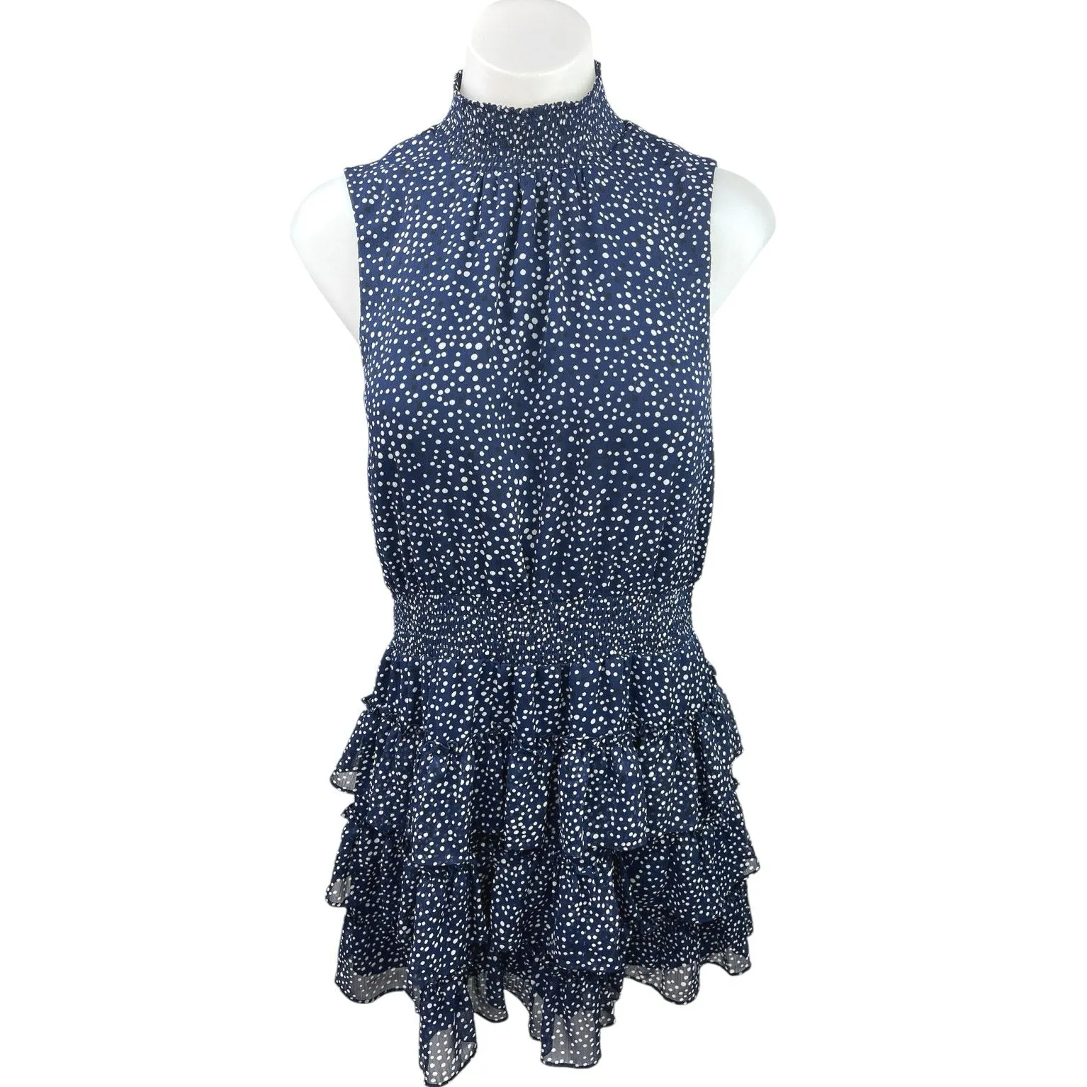 Express Navy Blue White Polka Dots Turtleneck Sleeveless Ruffle Tiered Dress M