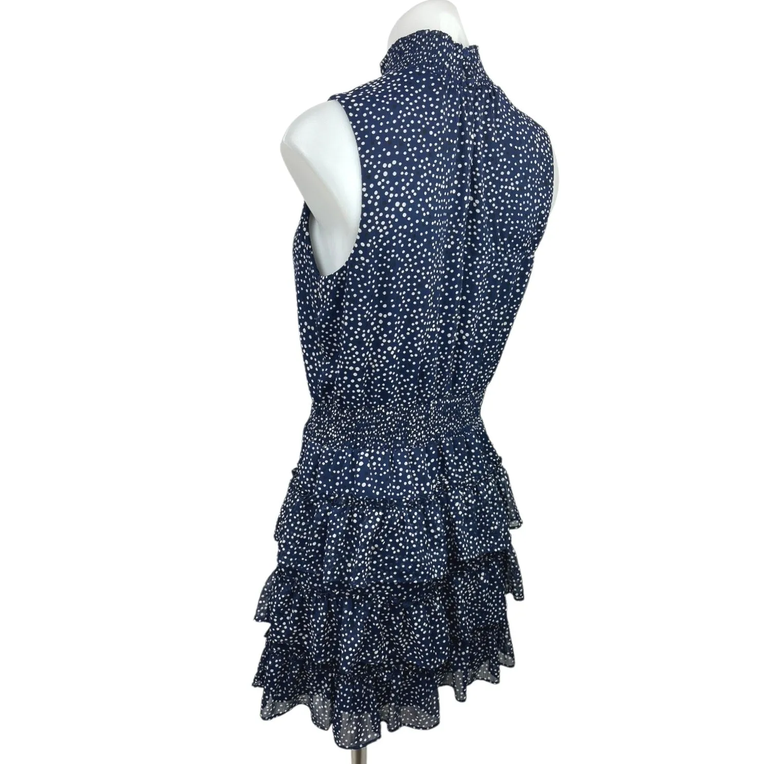 Express Navy Blue White Polka Dots Turtleneck Sleeveless Ruffle Tiered Dress M