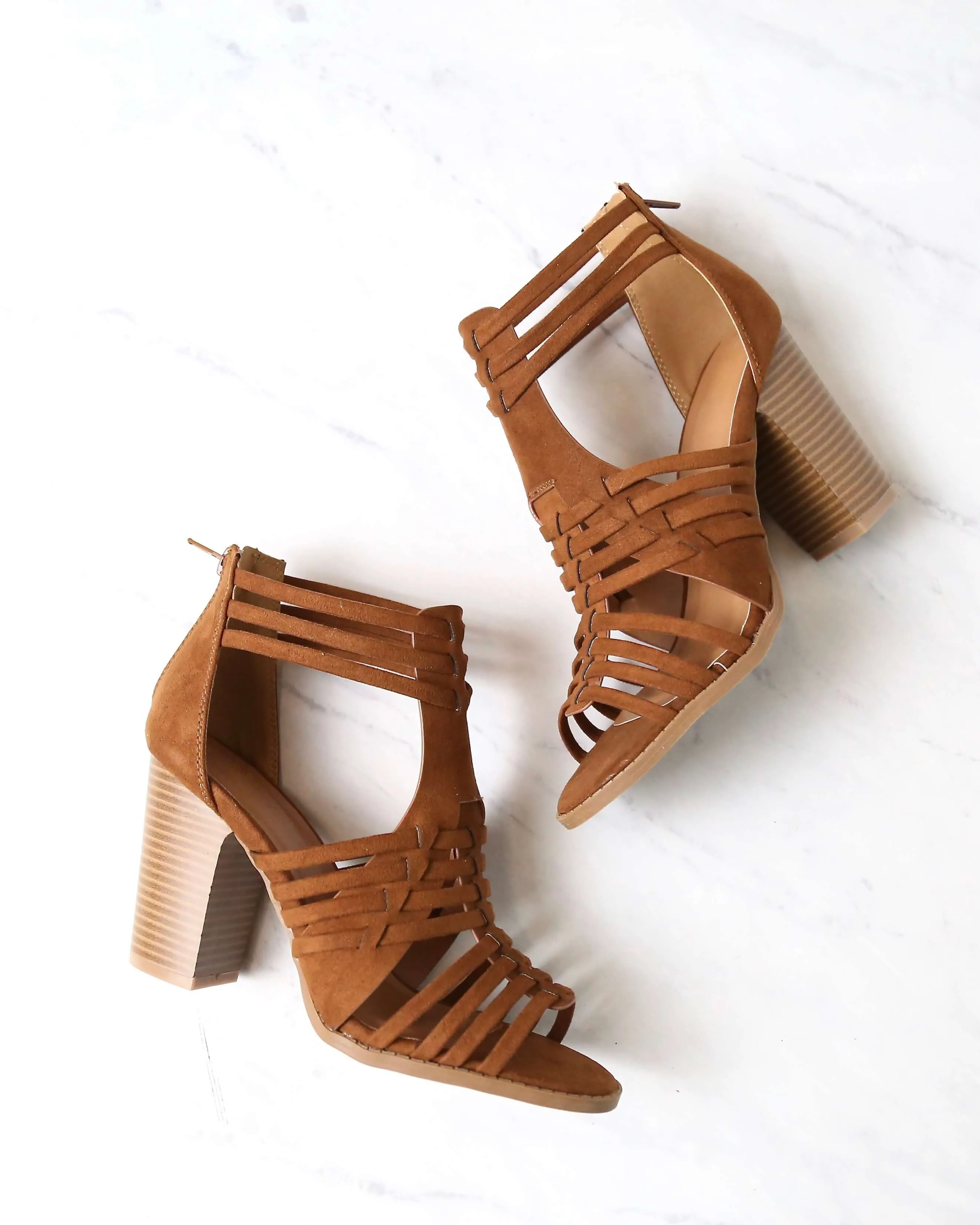 Final Sale - Nothing Breaks Like a Heart Cut Out Woven Ankle Strap Suede Peep Toe Booties in Chestnut