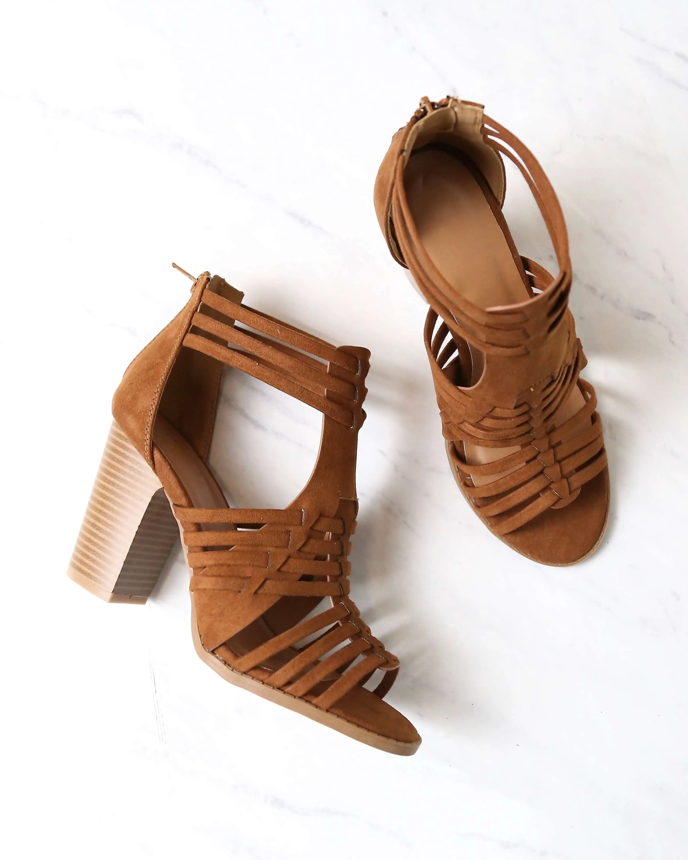 Final Sale - Nothing Breaks Like a Heart Cut Out Woven Ankle Strap Suede Peep Toe Booties in Chestnut