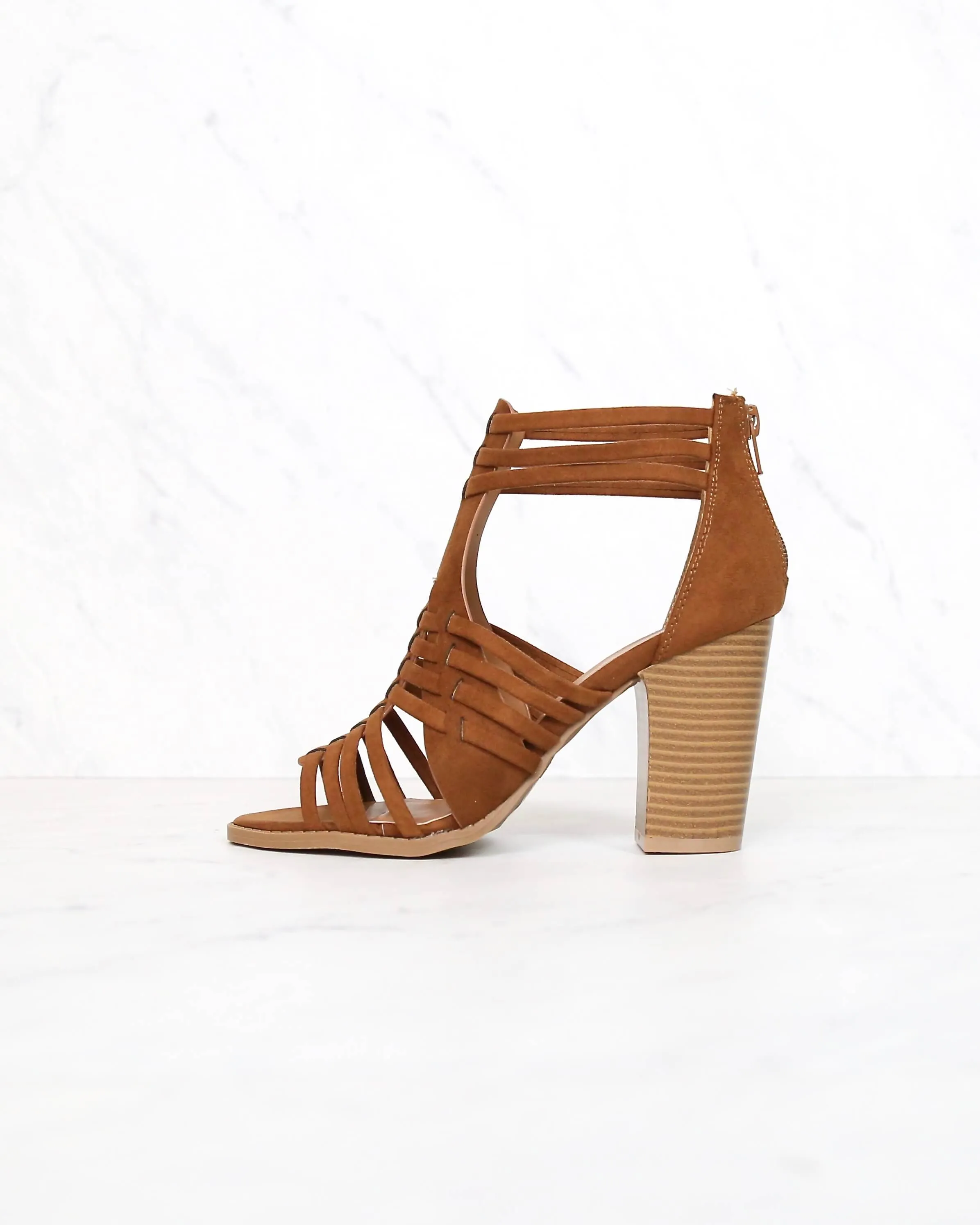 Final Sale - Nothing Breaks Like a Heart Cut Out Woven Ankle Strap Suede Peep Toe Booties in Chestnut