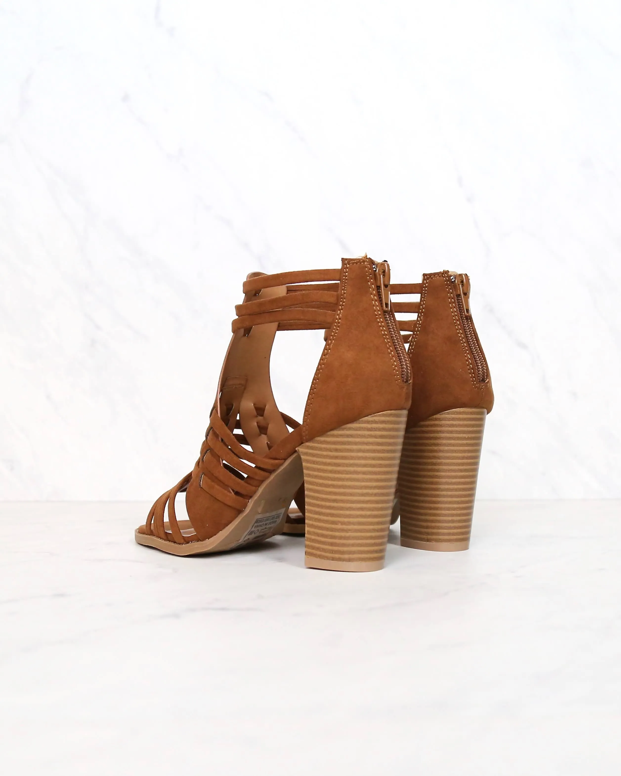 Final Sale - Nothing Breaks Like a Heart Cut Out Woven Ankle Strap Suede Peep Toe Booties in Chestnut