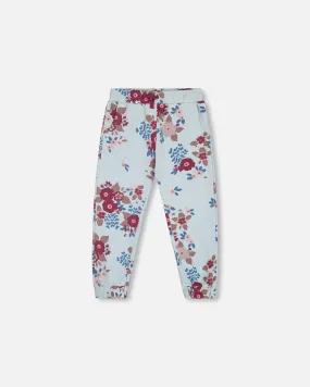 Fleece Sweatpants Light Blue Printed Big Flowers