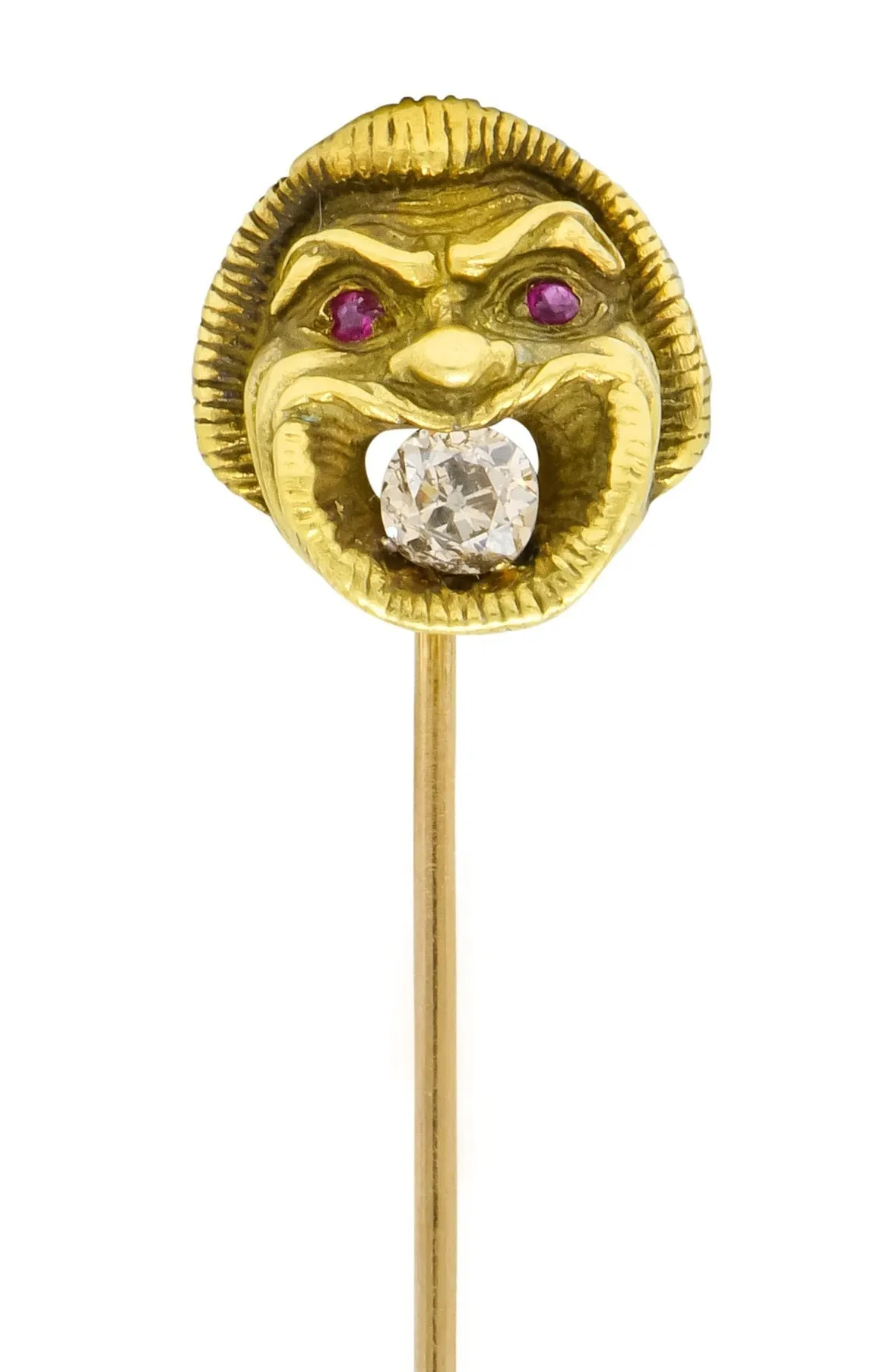 French Victorian 0.21 CTW Old Mine Diamond 18 Karat Green Gold Comedy Mask Stickpin