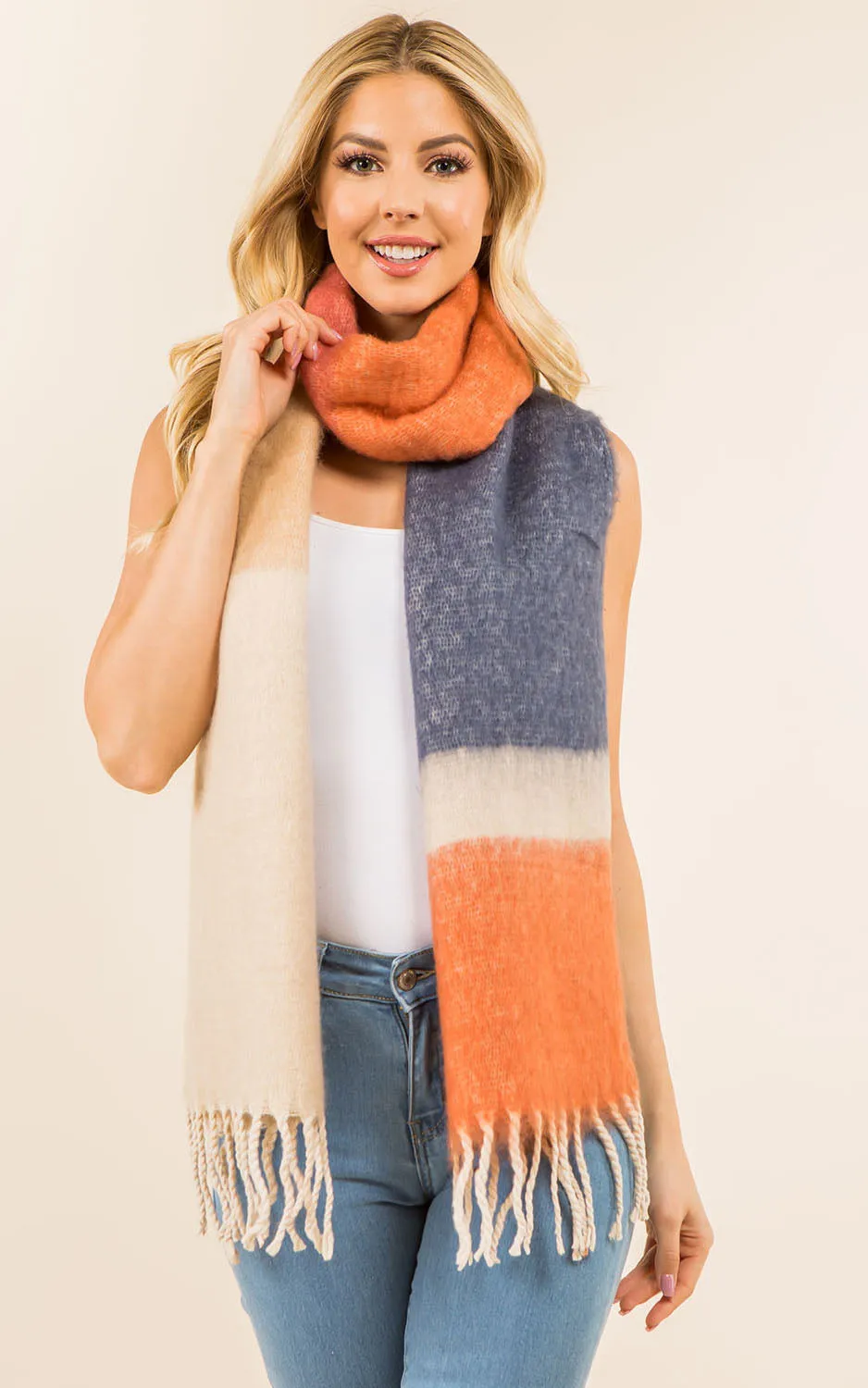 GAO3148 Colorful Block Oblong Scarf w/Fringes